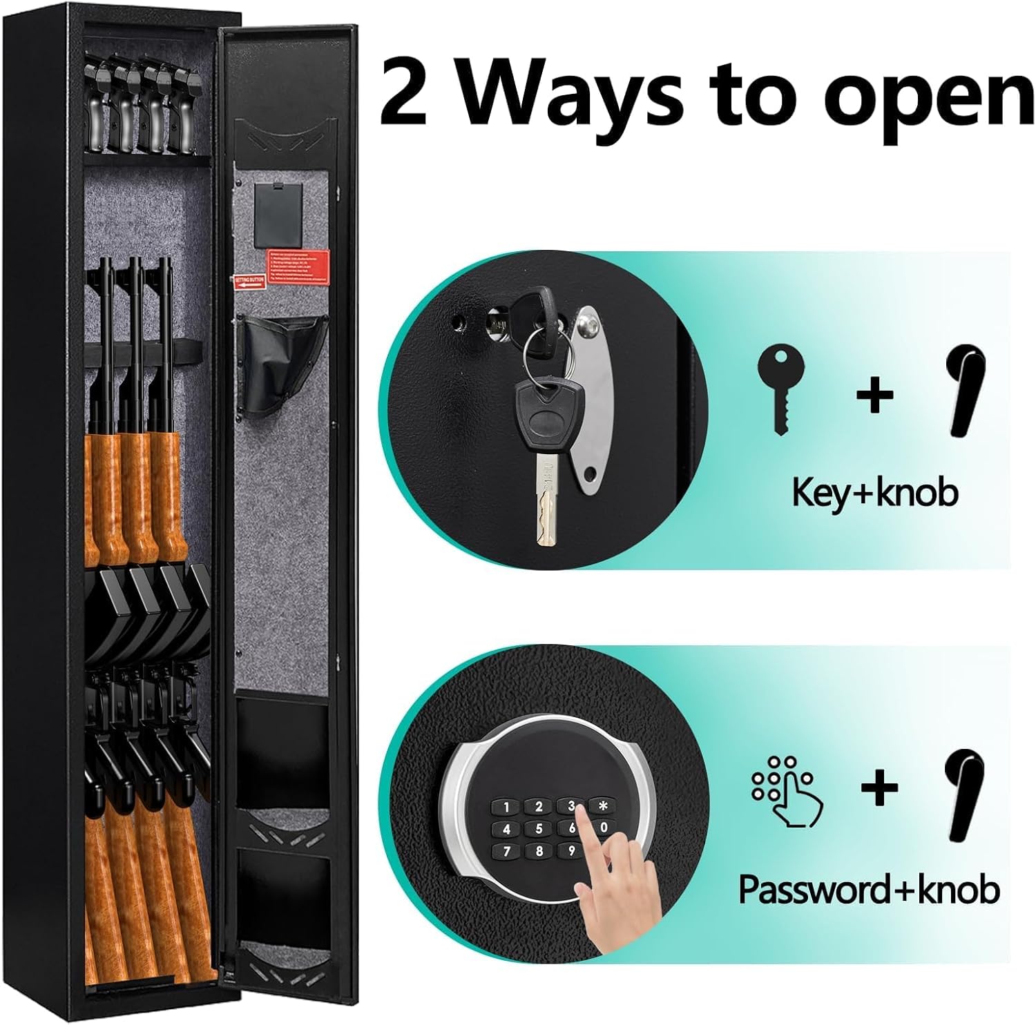 Image illustrating two ways to open the KAER 2-3 Gun Safe: with a key and knob, or with a password and knob.