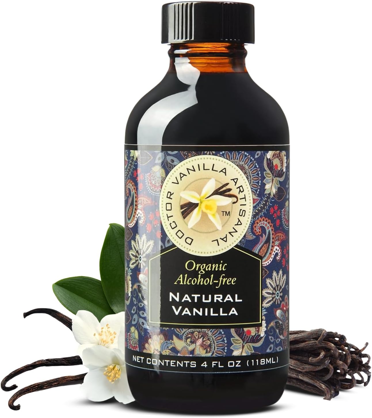Organic Vanilla Alcohol‑Free Flavor, 4 fl oz - Madagascar Bourbon vanilla, 100% natural, sugar‑free, GMO‑free, gluten‑free, vegan, paleo, keto, kosher, and halal