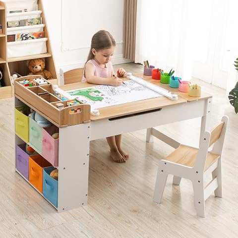Kids Art Table and Chair Set with 2 Chairs & Bins, 44" L x 24" W, Natural