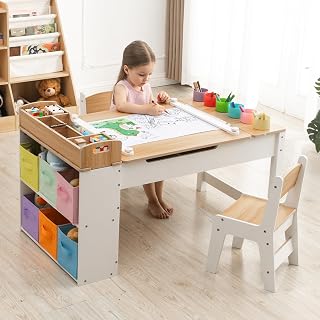 Kids Art Table and Chair - Toddler Craft Table and Chairs Set with 2 Chair & Bins, Kids Activity Desk with Paper Roll for Playrooms & Classroom, 44" L x 24" W, Natural - Amazon product rated Grade B