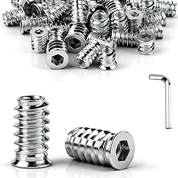 45 Pièces Insert Fileté Bois M8 x 20 mm écrous à visser insert bois M8 Manchons à visser M8 galvanisés Avec clé à six pans creux Pour panneaux de fibres, contreplaqué et meubles en bois（silver）