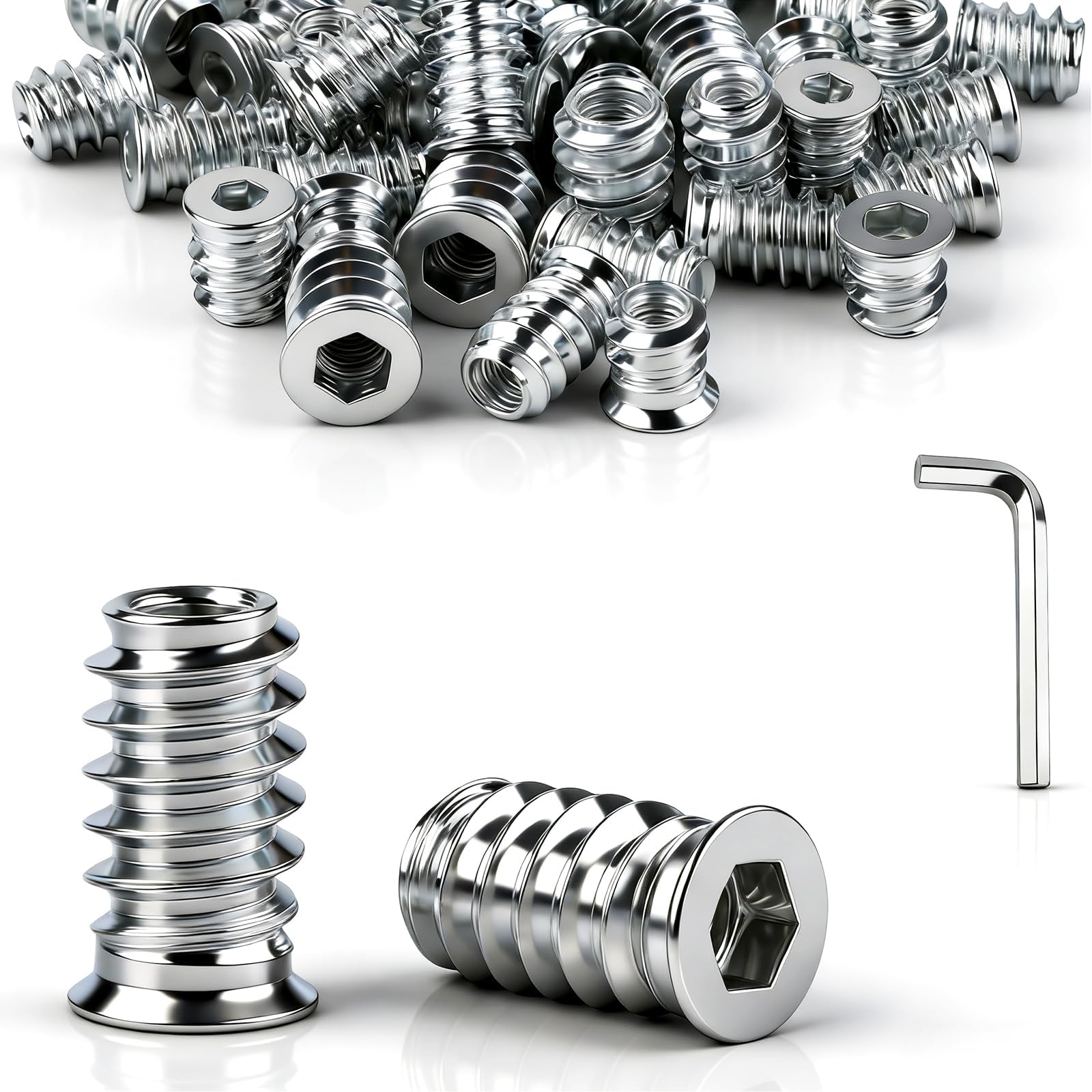 45 Pièces Insert Fileté Bois M8 x 20 mm écrous à visser insert bois M8 Manchons à visser M8 galvanisés Avec clé à six pans creux Pour panneaux de fibres, contreplaqué et meubles en bois（silver）
