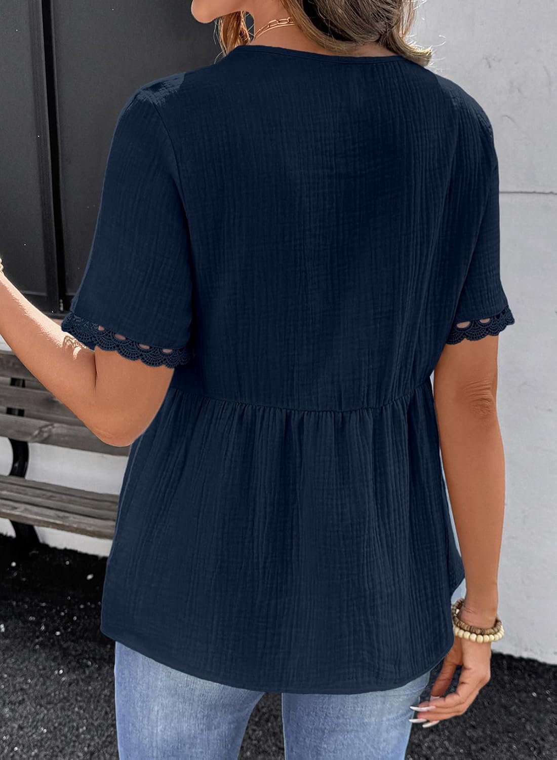 Dokotoo Womens Short Sleeve Babydoll Tops Lace Trim V Neck Cotton Tunic Shirts for Women 2026 Summer Ruffled Hem Blouses - Image 5