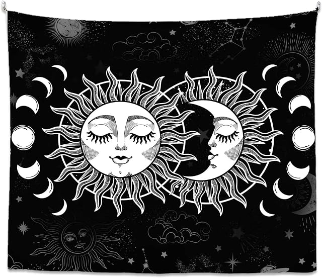 Amazon Brand - Umi Sun and Moon Tapestry Black and White Wall Tapestry for Bedroom Living Room Wall Hanging Tapestry Decor - 150 x 130 Centimeter
