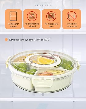 Snack Tray Round Snack Box with 6 Compartments,11 Inchs Rotating Snackle Box Container, Portable Divided Serving Tray with Lid and Handle Movie Night Snack Tray for Fruit Veggie Salad Food