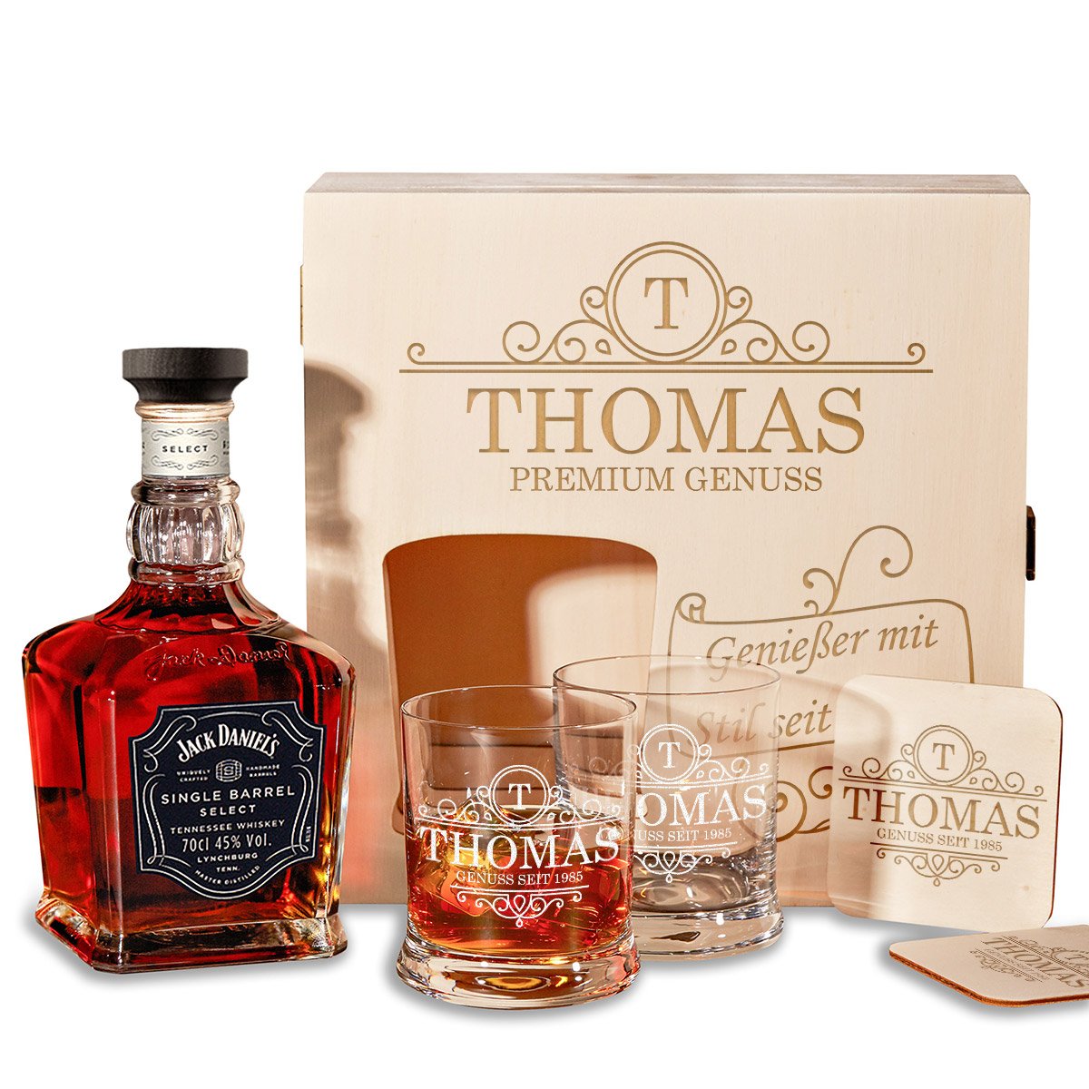 Holzkiste Personalisiert mit Gravur - mit Jack Daniel's Single Barrel Tennessee Whiskey - 6-TLG Whisky Geschenk-Set Motiv - Initial Ornament
