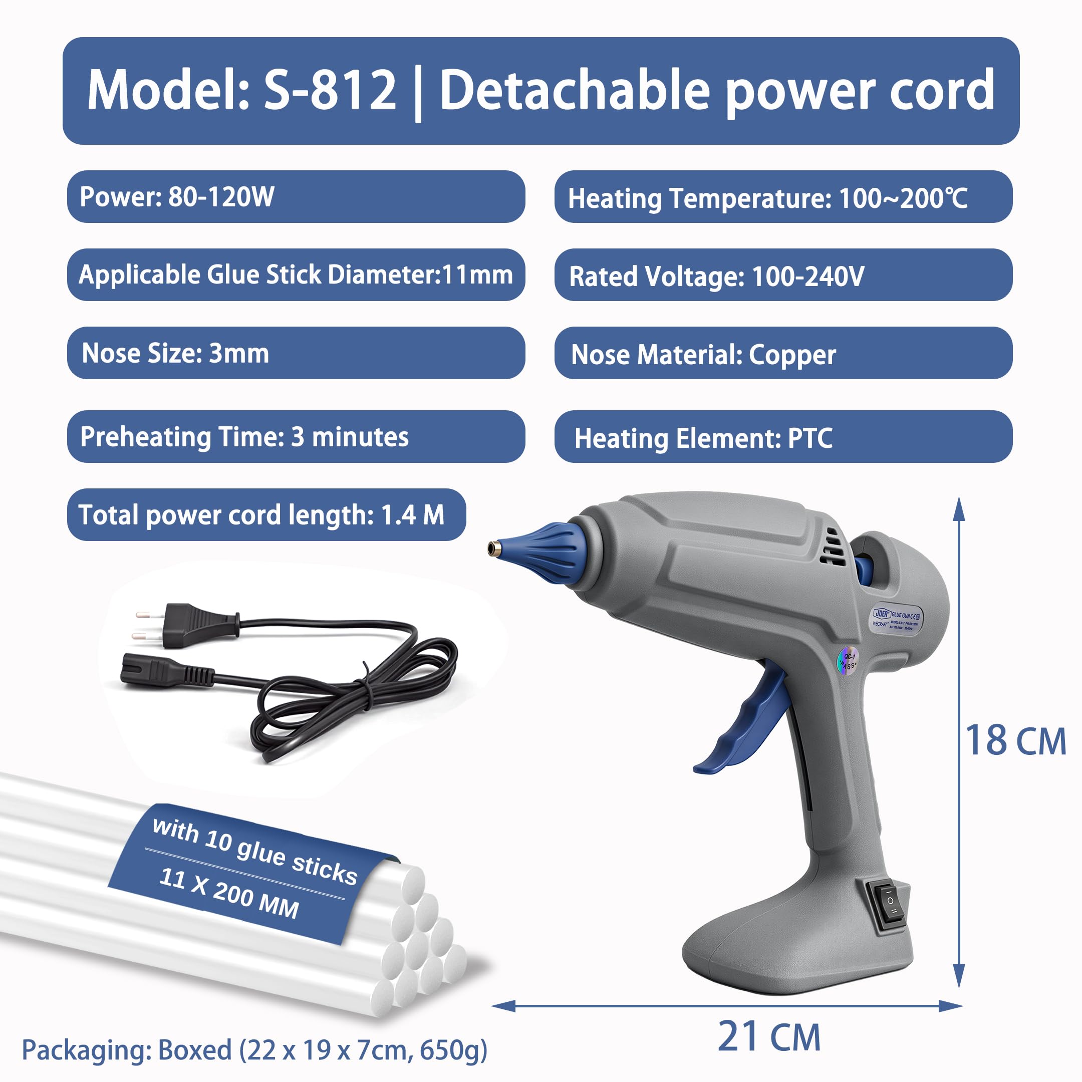 YESLUSY Pistola Silicona Caliente, 80-120 W, PTC, Doble Temperatura, Con 10 Barras de Pegamento, Boquilla de Cobre Antigoteo (3 mm), Cable de Alimentación Desmontable Para Bricolaje y Manualidades
