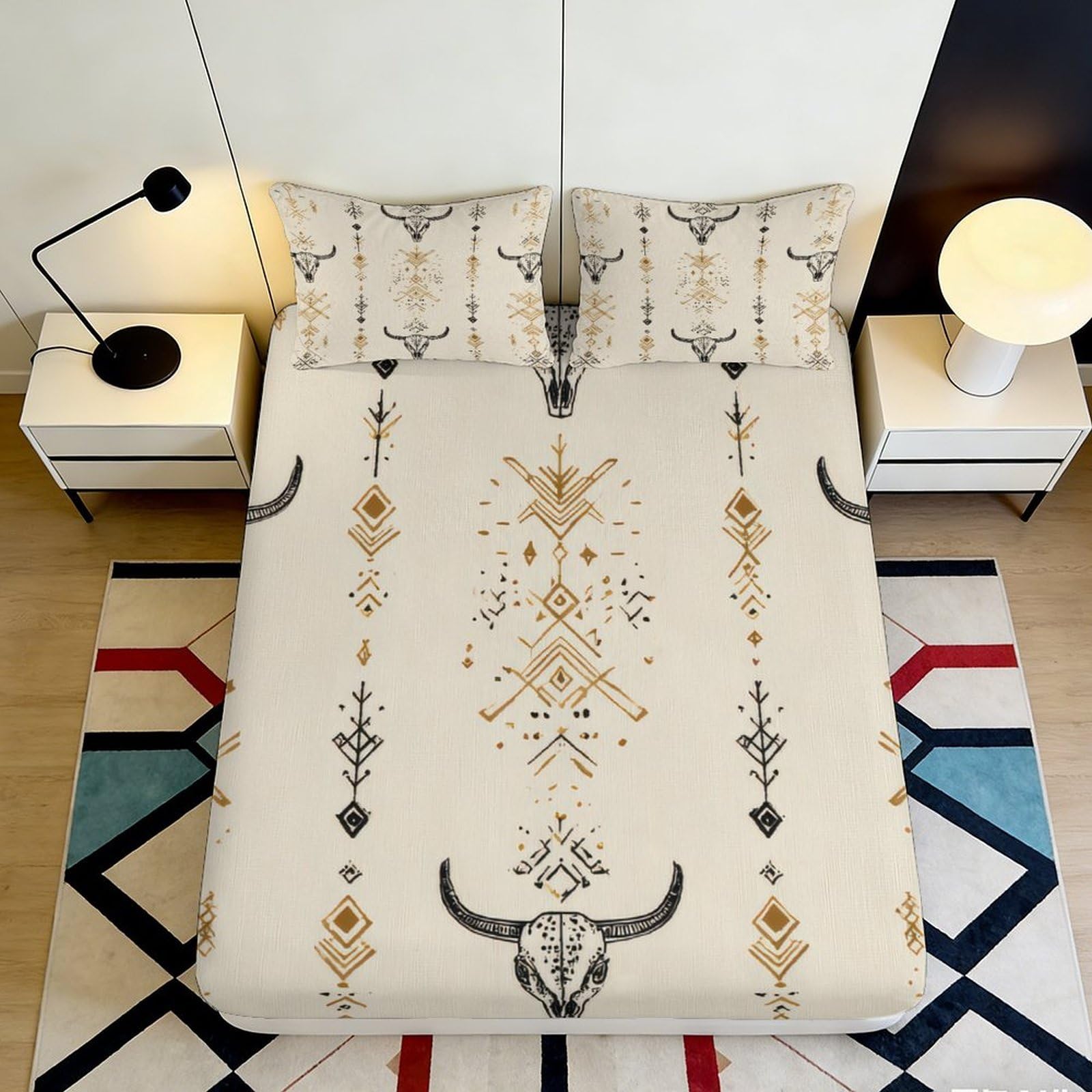 3D Printed Boho Tribal Fitted Sheet Microfiber Soft Anti-Slip Bull Skull Bed Cover for Bedroom Dorm Mattress Decor 90x200x25cm