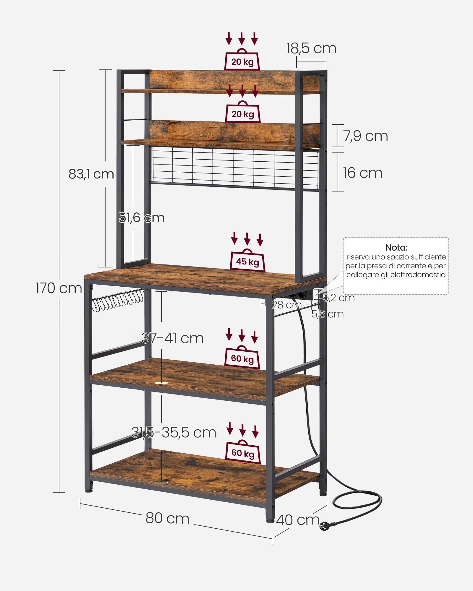 VASAGLE Scaffale Cucina con Multipresa, Scaffale per Microonde, Mobile Cucina, con Pannello a Rete Metallica, 14 Ganci, 40 x 80 x 170 cm, Marrone Vintage e Nero KKS025B01EU