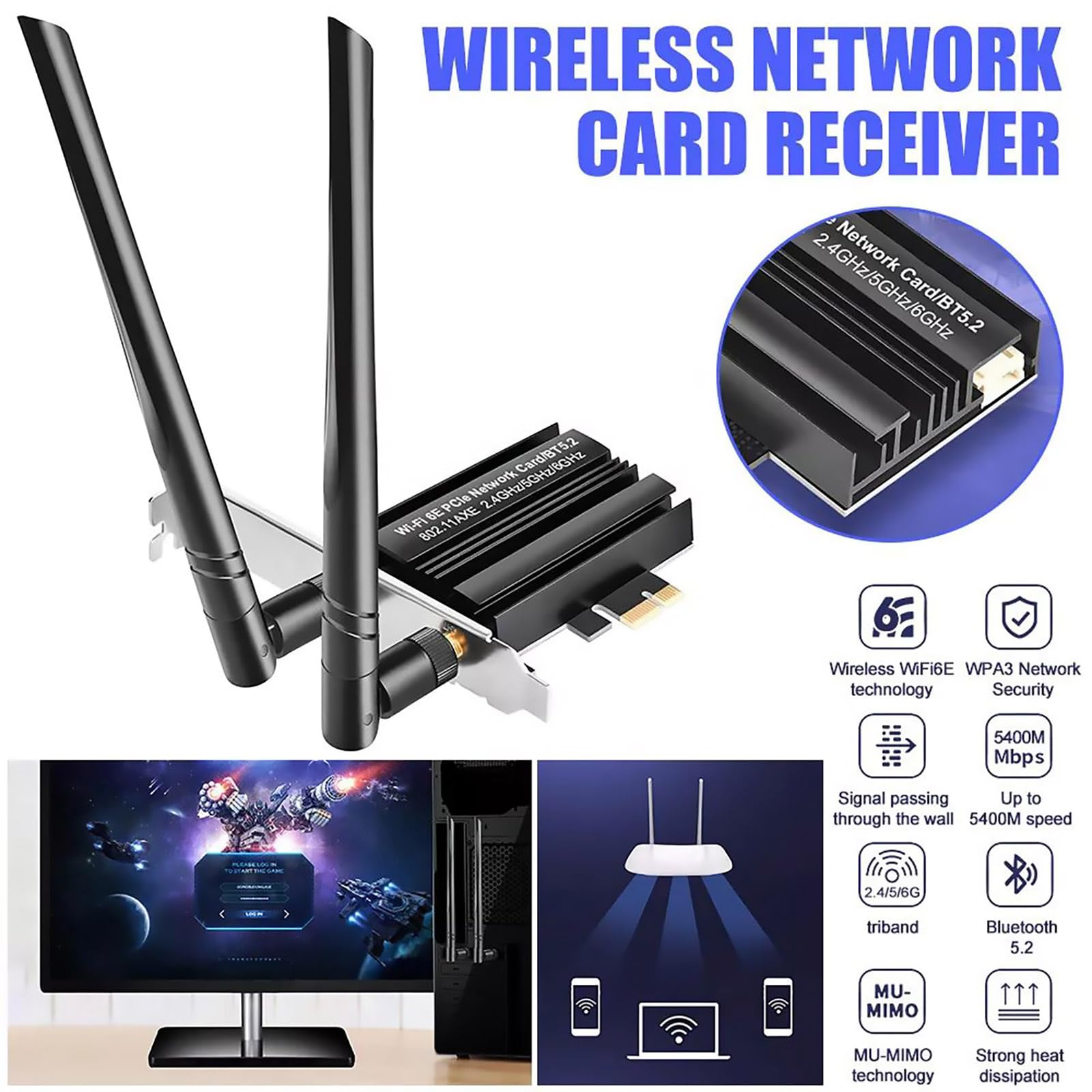 AX5400 Carte réseau Bluetooth 5.2 tri-bande 6G/5.8G/2.4GHz PCI-E WiFi 6, cartes réseau sans fil
