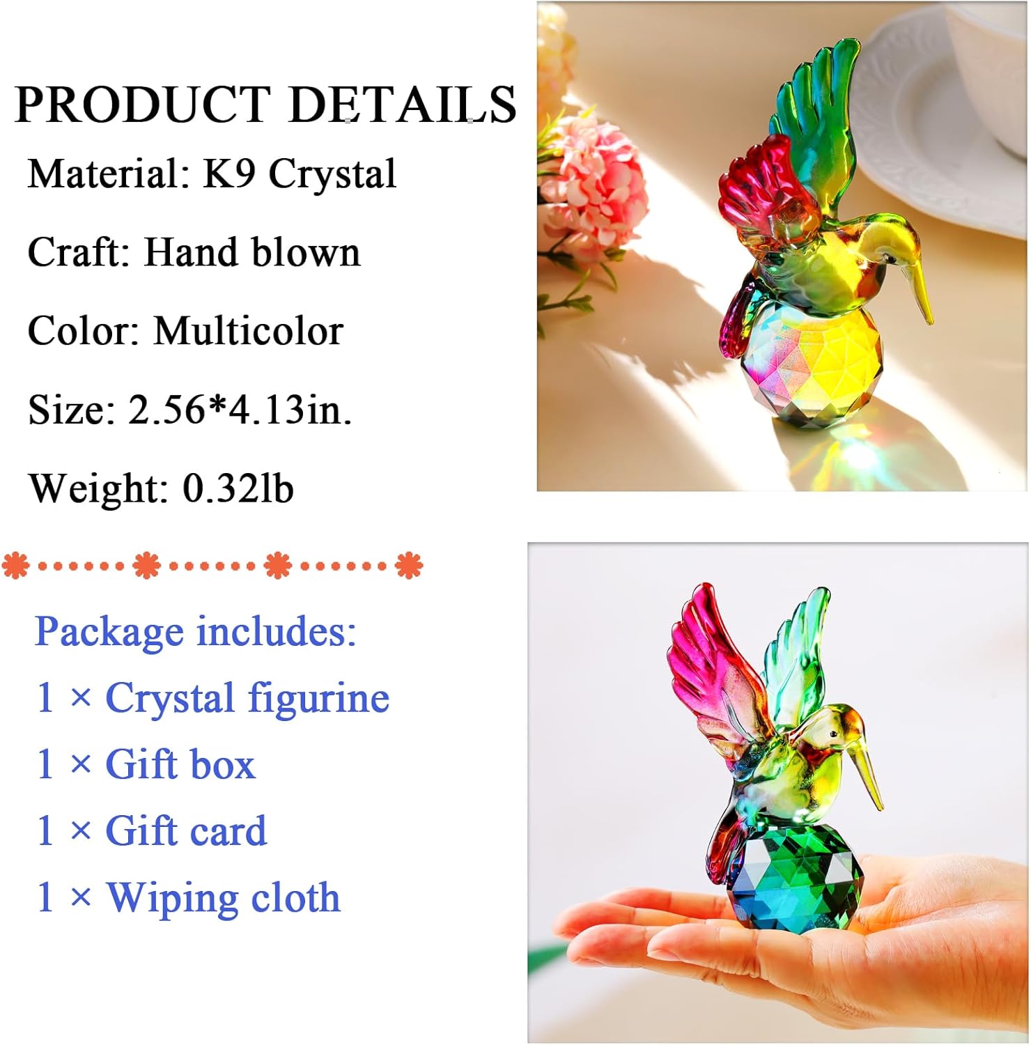 YWHL Colorful Crystal Hummingbird Figurine, Glass Hummingbird Gifts for Women Men on Birthday Christmas, Tiny Bird Statue Animal Sculpture Collectible Paperweight for Home Decor - Image 5