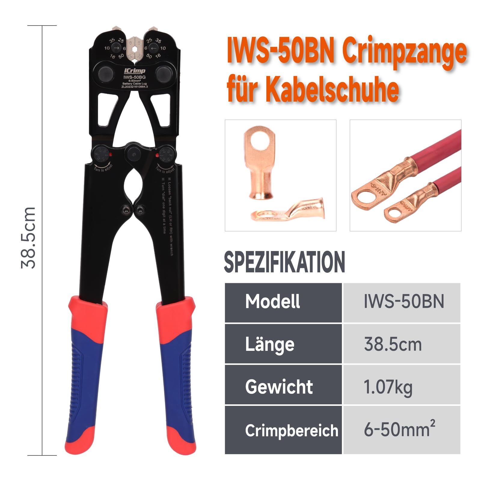 iCrimp Batteriekabelschuh Crimpzange 6–50 mm² mit Schnellwechselbacken | Kabelschuh Crimpzange mit einhändig wechselbaren Backen für Kupferkabelschuhe, Rohrkabelschuhe und Flachstecker