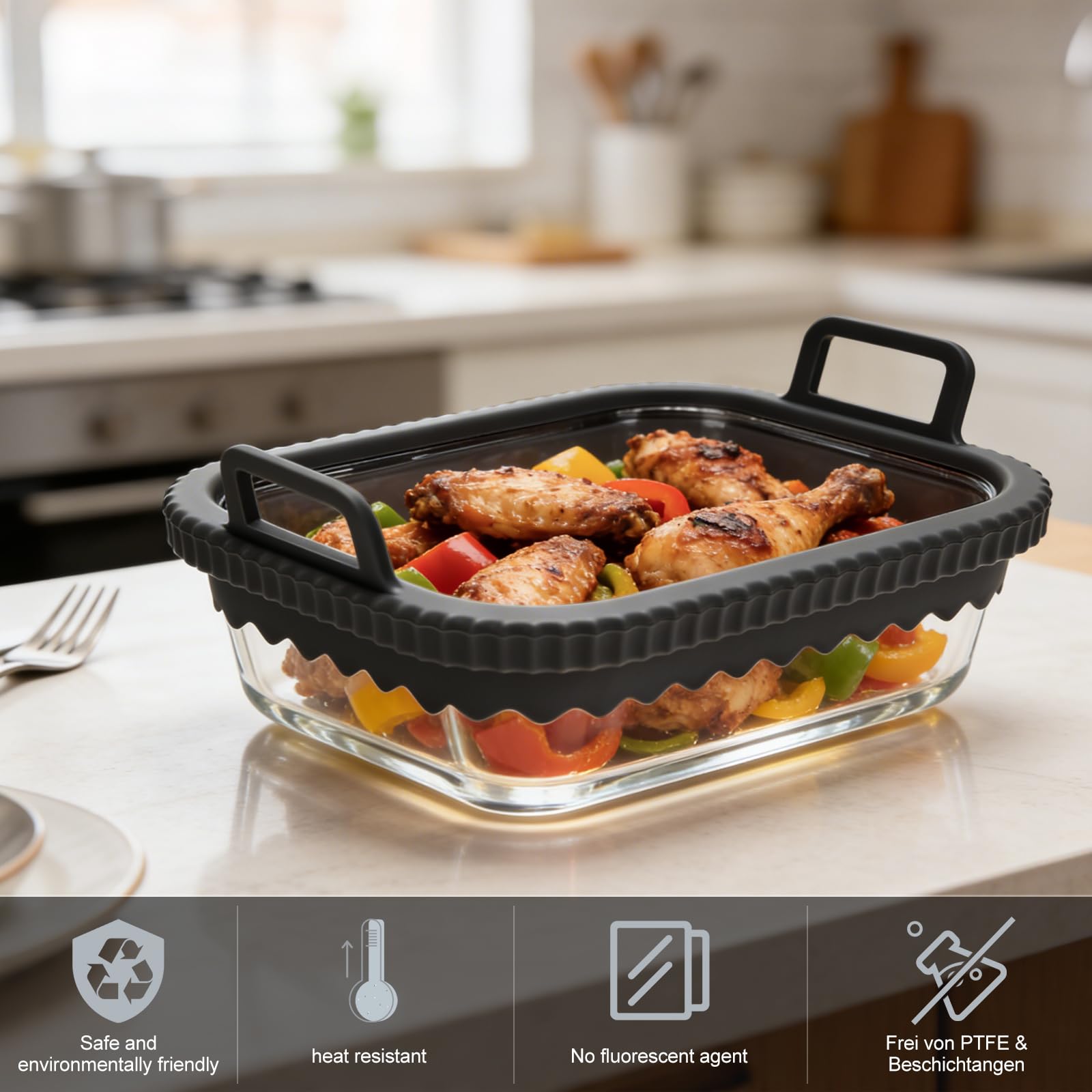Lot de 2 Plat en Verre Pour Air Fryer Avec Poignées en Silicone pour Ninja Cosori Philips,Récipient en Verre Airfryer Résistant à la Chaleur et Aux Rayures,Passe au Lave Vaisselle Plat Verre Air Fryer - 3
