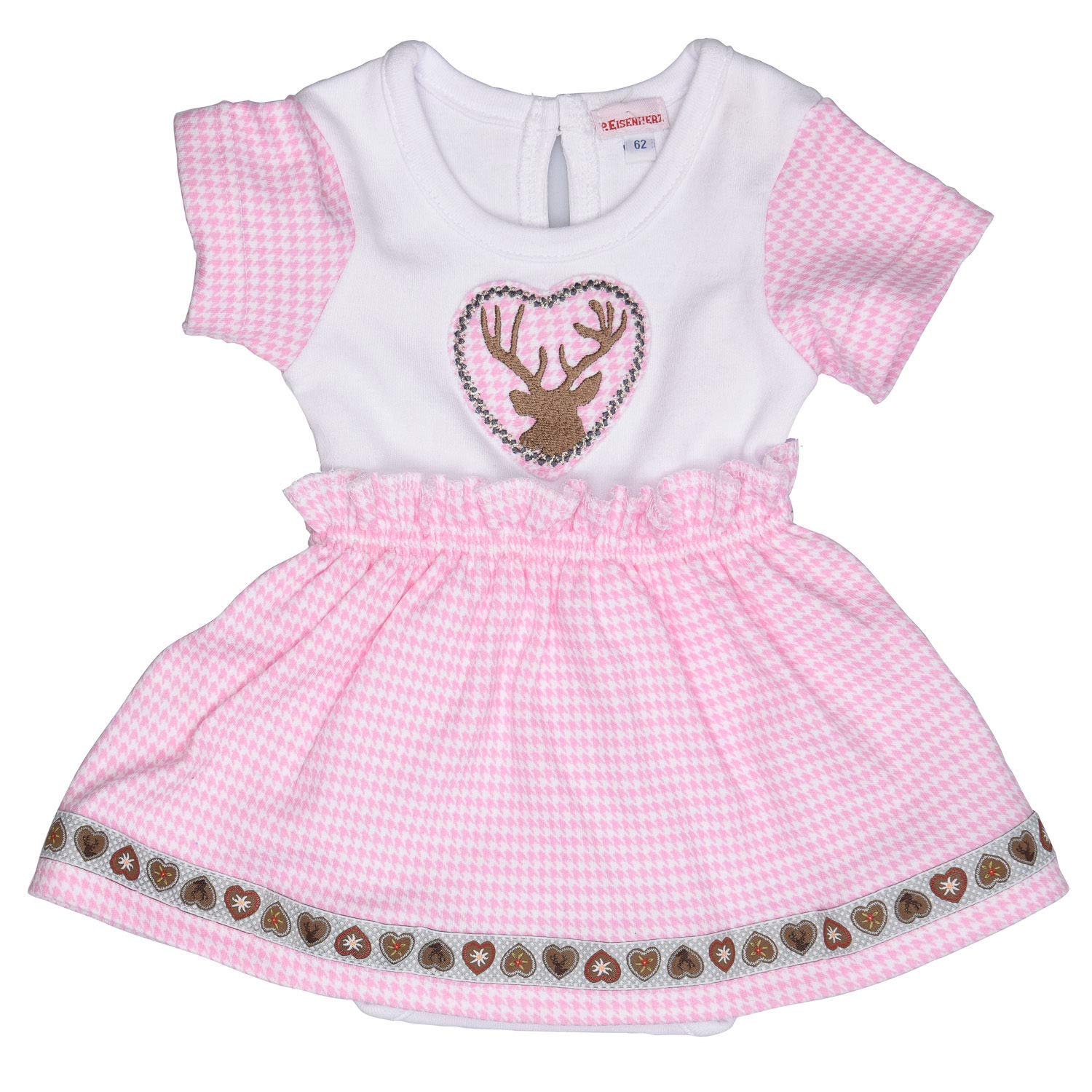 Eisenherz Babybody in Dirndl-Look Body mit Hirsch Stickerei für Mädchen, rosa/weiß, in Größe 86