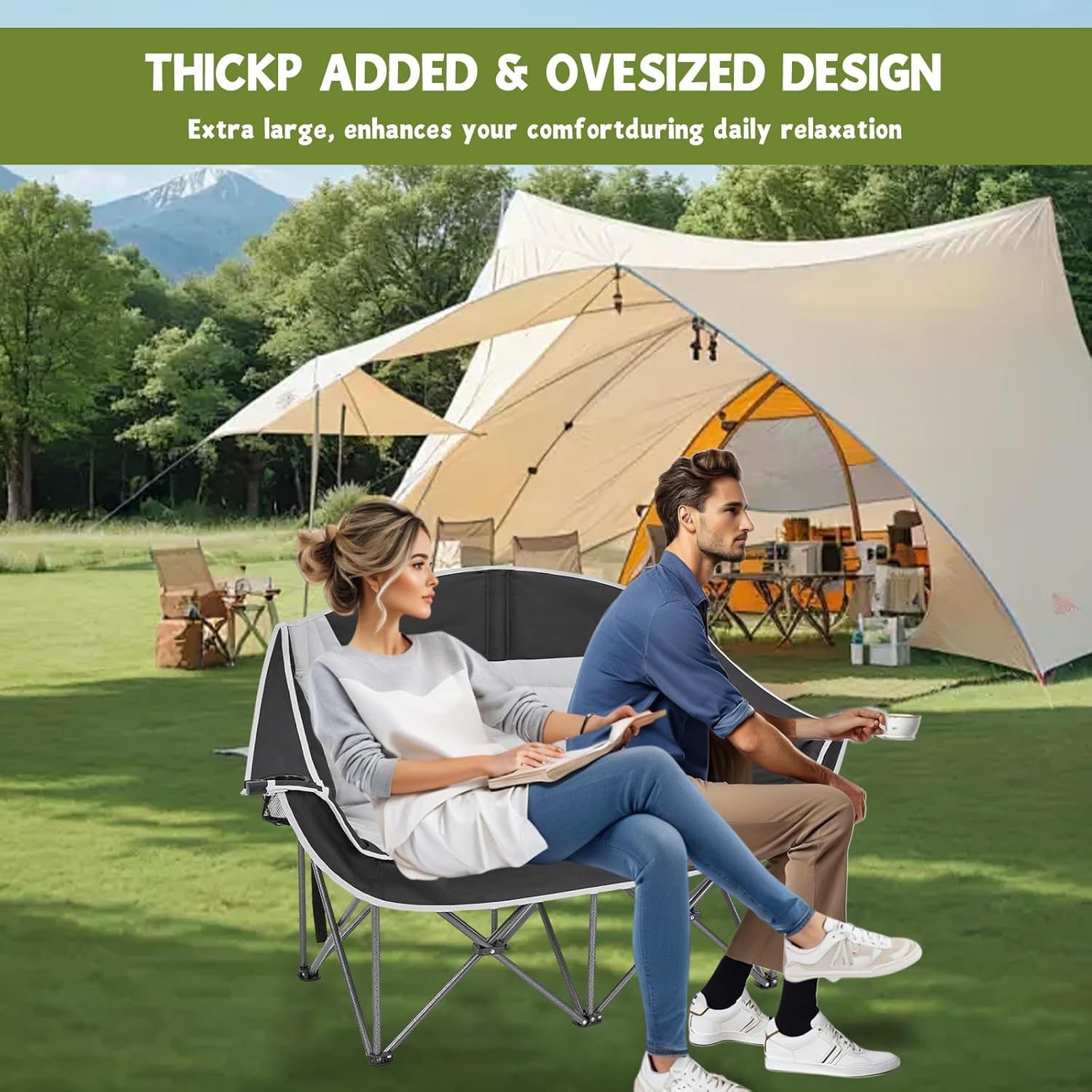 MAPPLE CREATION Double Camping Chair for Adults, 2 Person Folding Loveseat Outdoor Chair with Cup Holders & Carry Bag, Heavy Duty Portable Camping Sofa for Beach, Picnic, Garden & Travel (JK-B11) 4