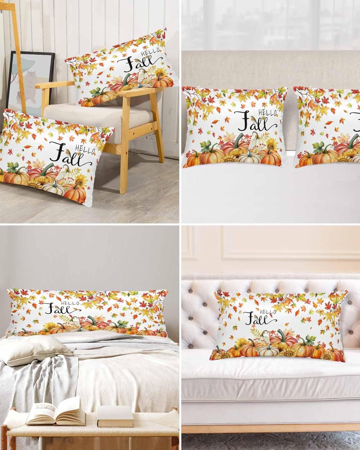 Hello Fall Pillow Cases Cal King Size, Smooth Satin Pillowcase for Hair and Skin, Orange Pumpkins Thanksgiving Maple Leaf Decorative Cooling Bed Pillow Covers with Zipper, 20x40 Inches