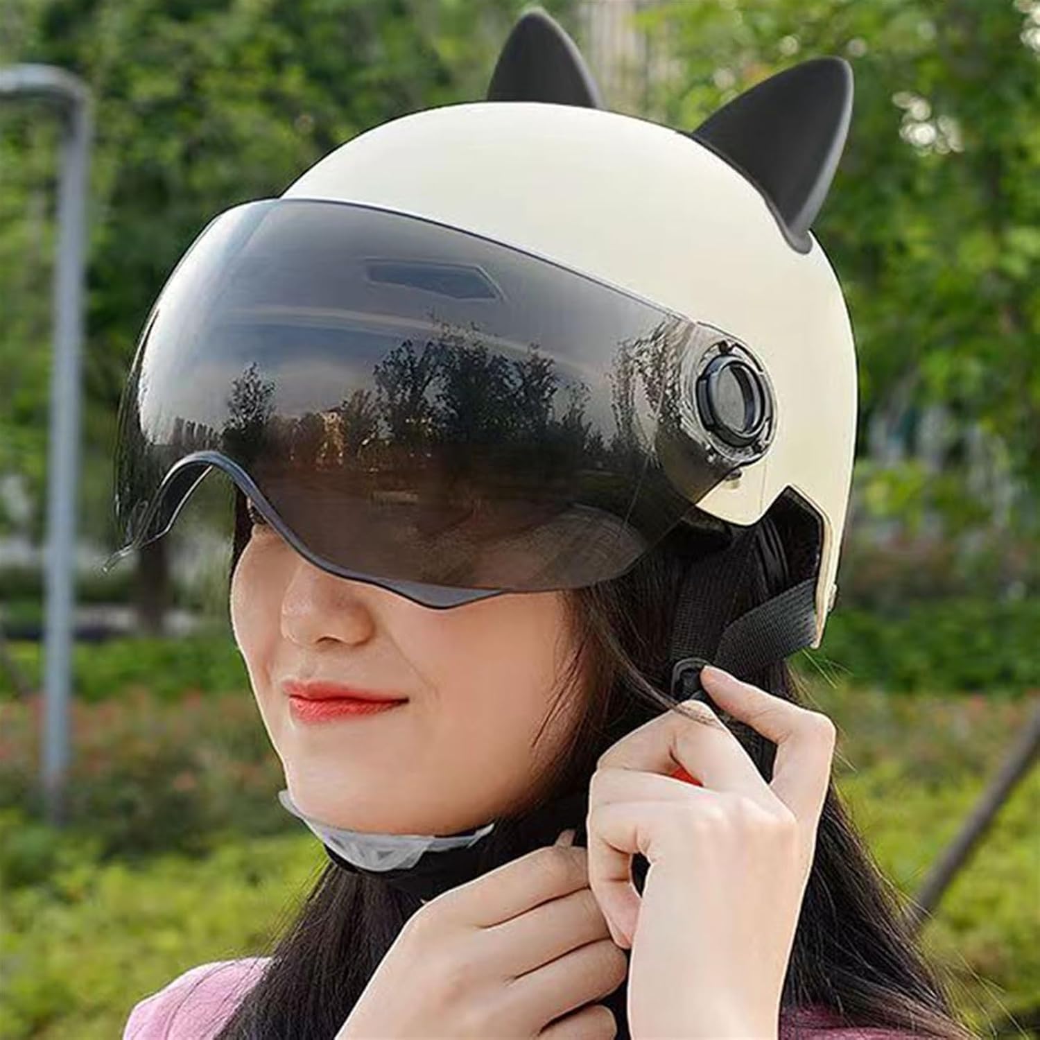 DOT Approved Cute Cat Ears Kids Motorcycle Helmets, Toddler Boys Girls Open Face Half Helmets with Visor, Youth Electric Scooter Go-Kart Four Wheeler ATV Moped Fashion Safety Hat(Black)