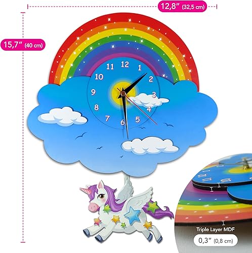Miniatura 4 de Reloj de pared con péndulo de unicornio arcoíris, vista 3D, reloj oscilante analógico para niños, decoración de unicornio, reloj de pared de madera