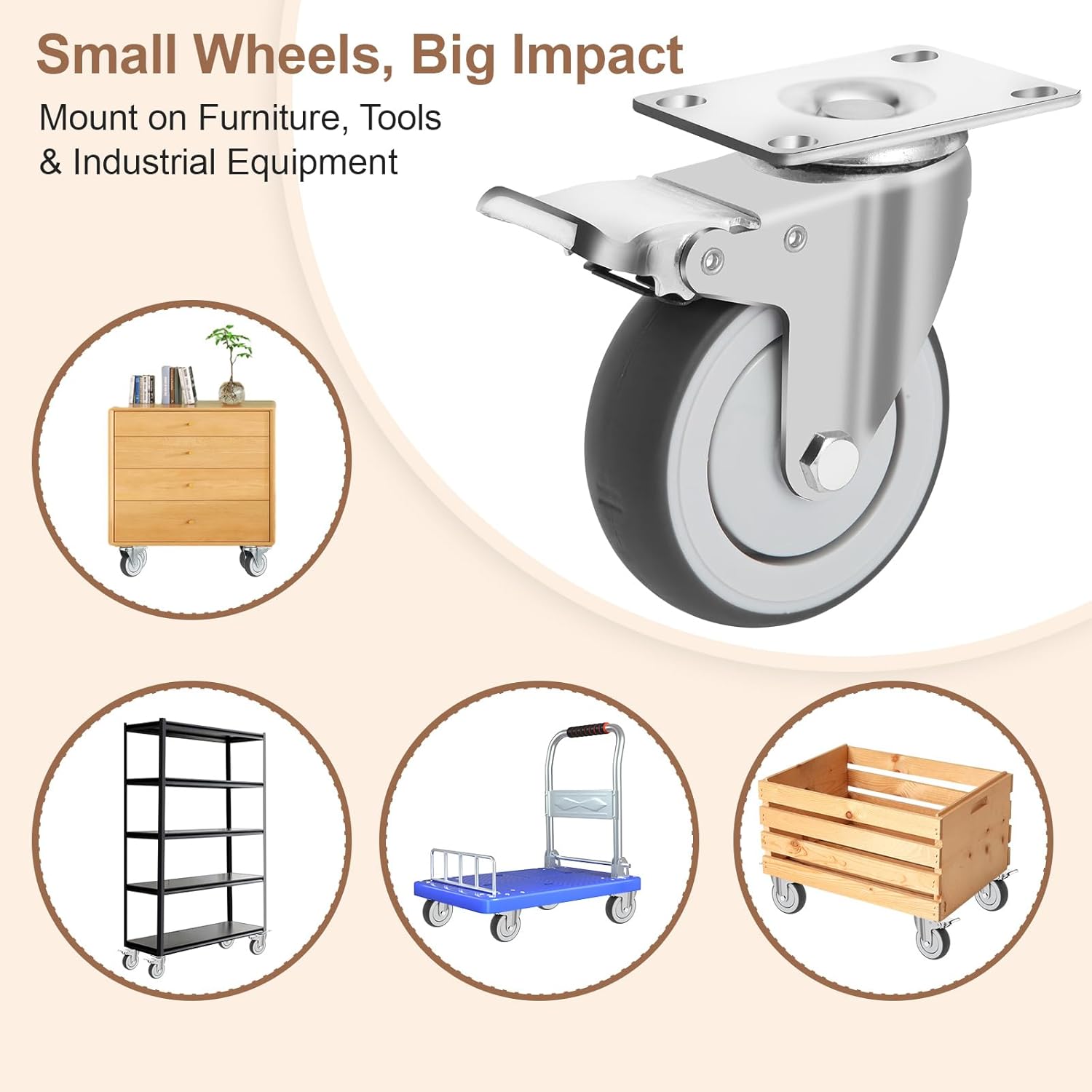 4 Inch Caster Wheels Set of 4 Heavy Duty Swivel Casters Includes Mounting Hardware 1320 Lbs Load Capacity Quiet TPE Casters with 2 Locking Brakes for Furniture Workbench and Cart