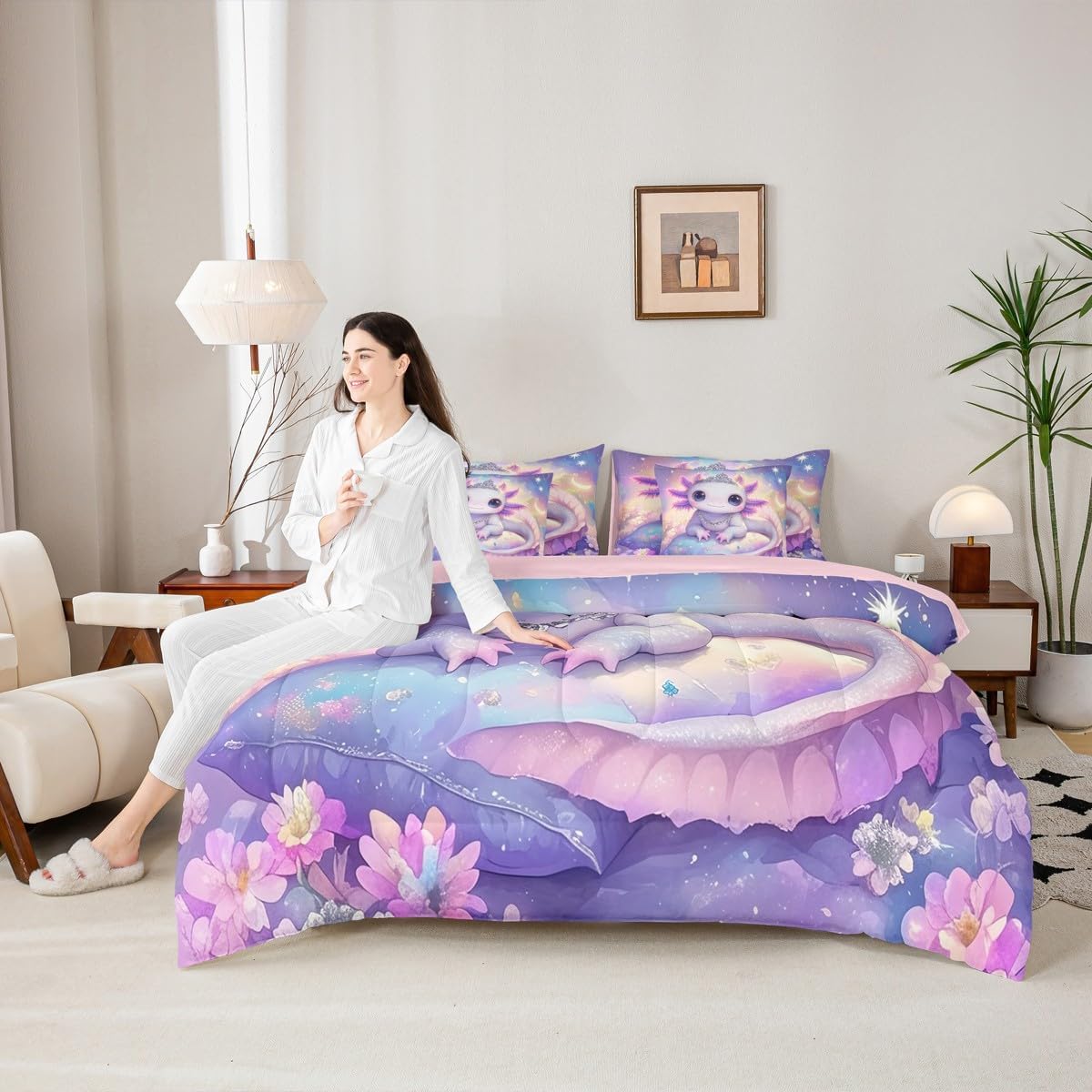 Erosebridal Cute Axolotl Comforter Set with Sheets Full Size,Blooming Blossom Flower Purple Galaxy Printed Bedding for Kids Girls Room Decor,Cartoon Axolotl Ocean Animal Bed Set 7Pcs