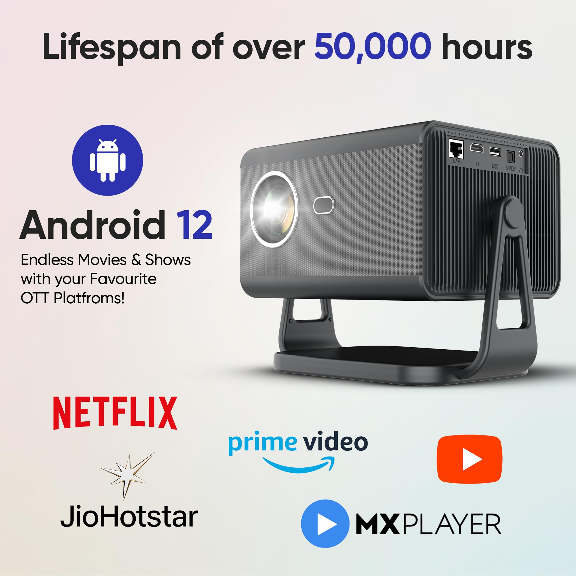 DEBONAIR CineX Pro 4K Ultra HD Native 1080p Android Projector | 1300 ANSI Lumens Auto (Focus+Screen Fit+OBA) Android 12 | Dust Proof Engine 10W Speaker Dual WiFi BT5.0| 300" Display | Cinema Exp 3