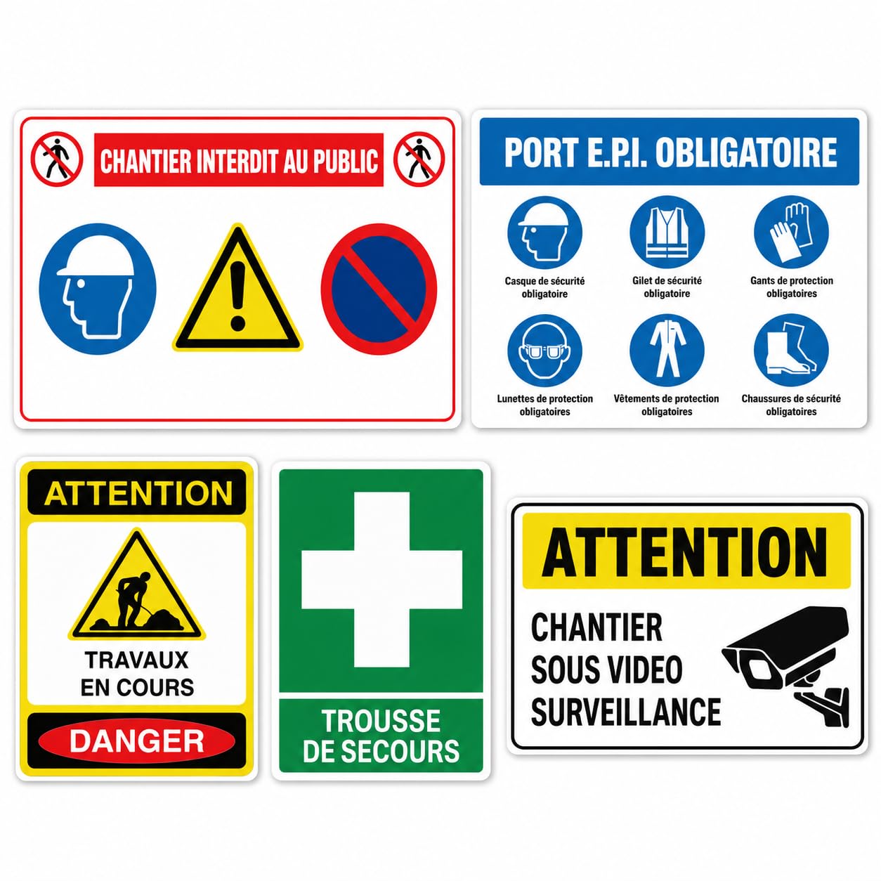 Kit Chantier BTP 5 Panneaux de Sécurité – Signalisation Chantier Professionnelle – Port EPI Obligatoire – Travaux en Cours – Vidéosurveillance – Trousse de Secours – Intérieur Extérieur – PVC 3mm