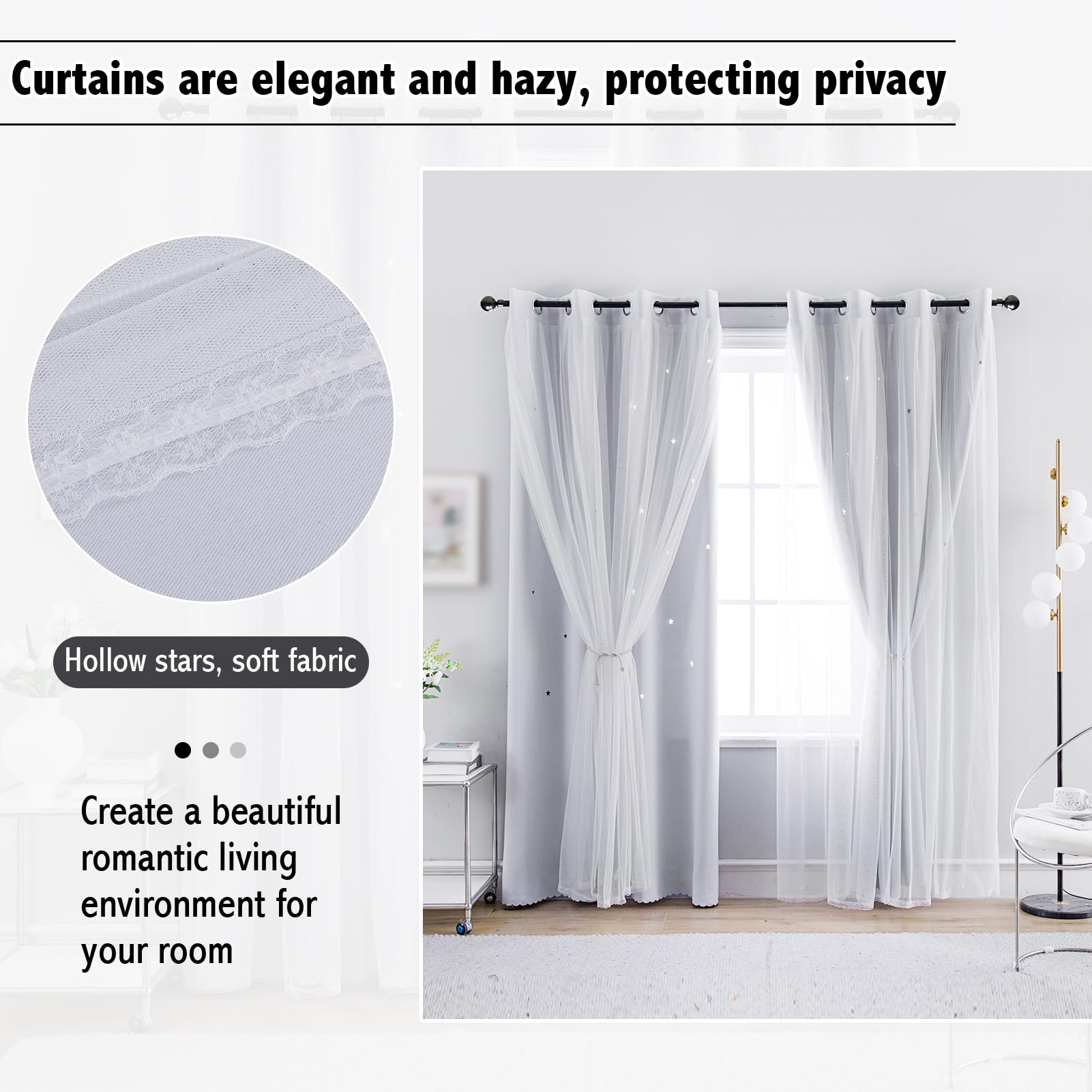 Anytime Cortina romántica para niños, cortina de ventana con estrellas huecas, cortinas opacas de doble capa para niñas, dormitorio, habitación de niños, 2 paneles (52 x 95 pulgadas, blanco grisáceo)