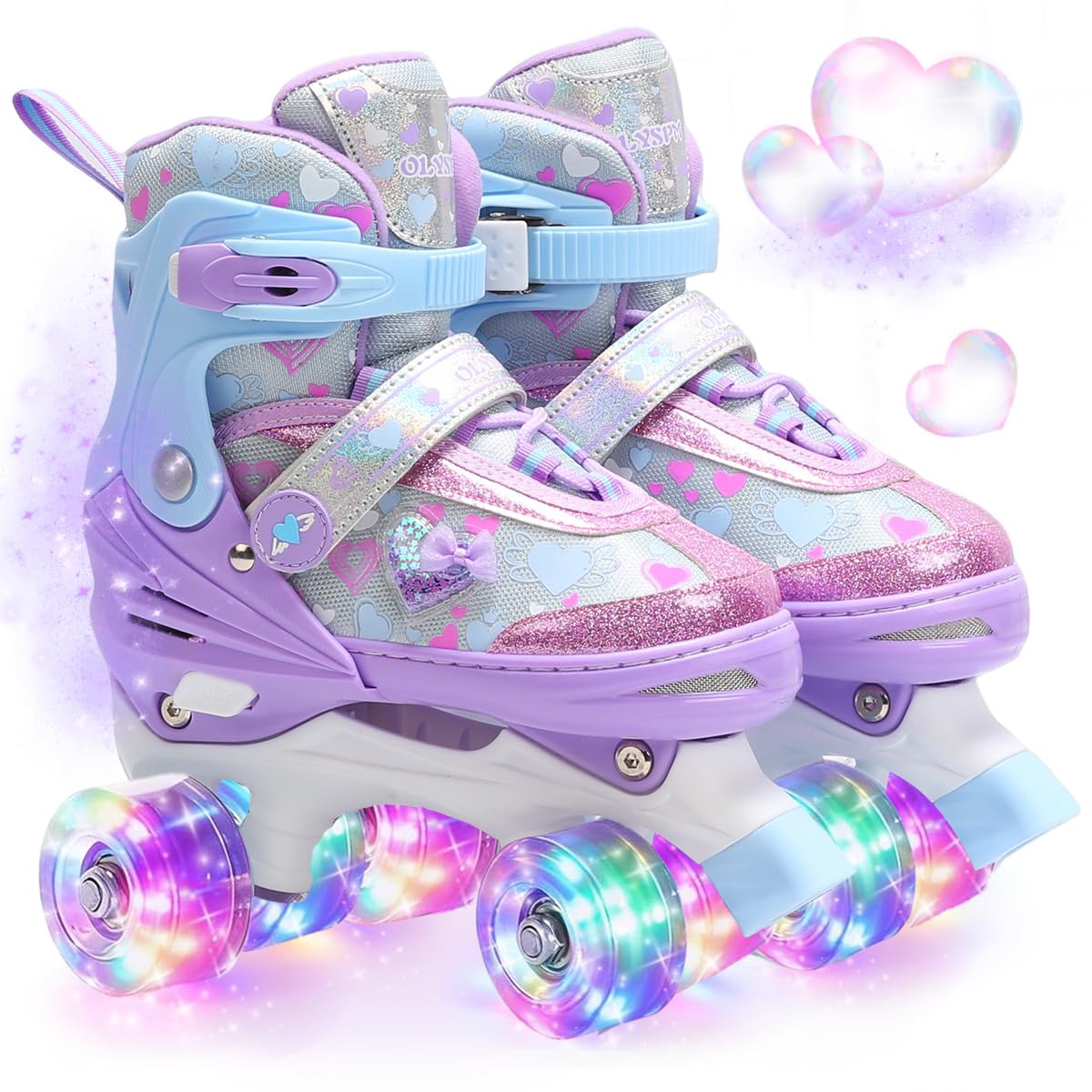 Patines 4 Ruedas niña con Corazones de Ensueño y Ruedas Luminosas,4 Tallas Ajustables,Patines niña para Principiantes, Regalo Cumpleaños Navidad