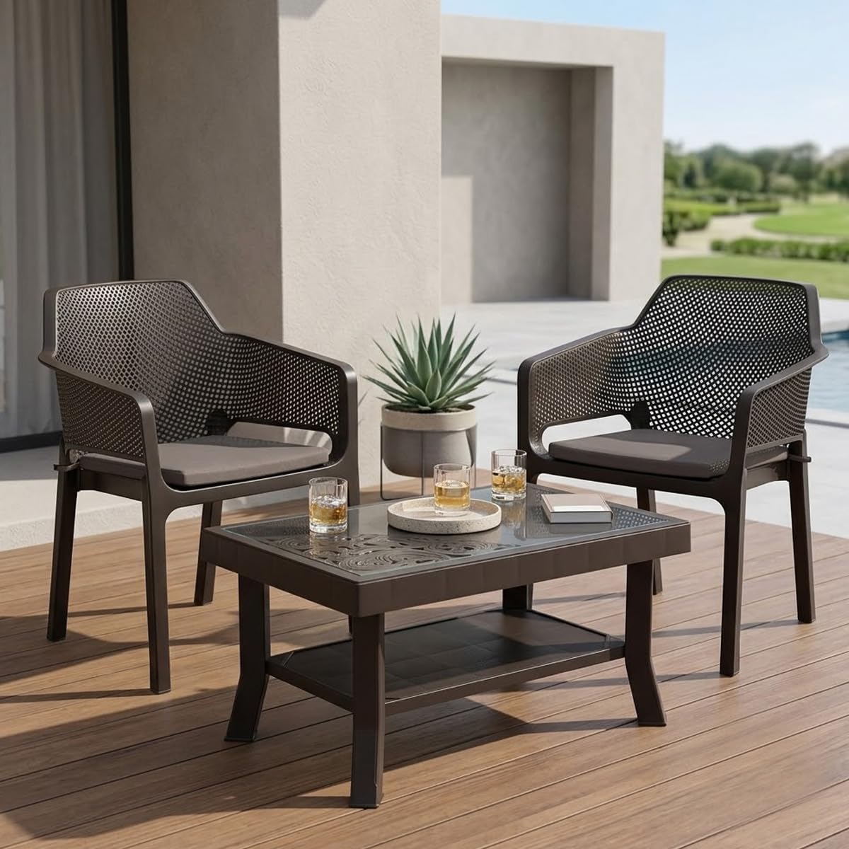 Nilkamal Captain Chair and Glass Top Coffee Table Set | 2 Chairs and 1 Table | Plastic Furniture Set for Indoor and Outdoor, Balcony, Garden, Patio & Living Room | Season Rust Brown and Weather Brown-image-3