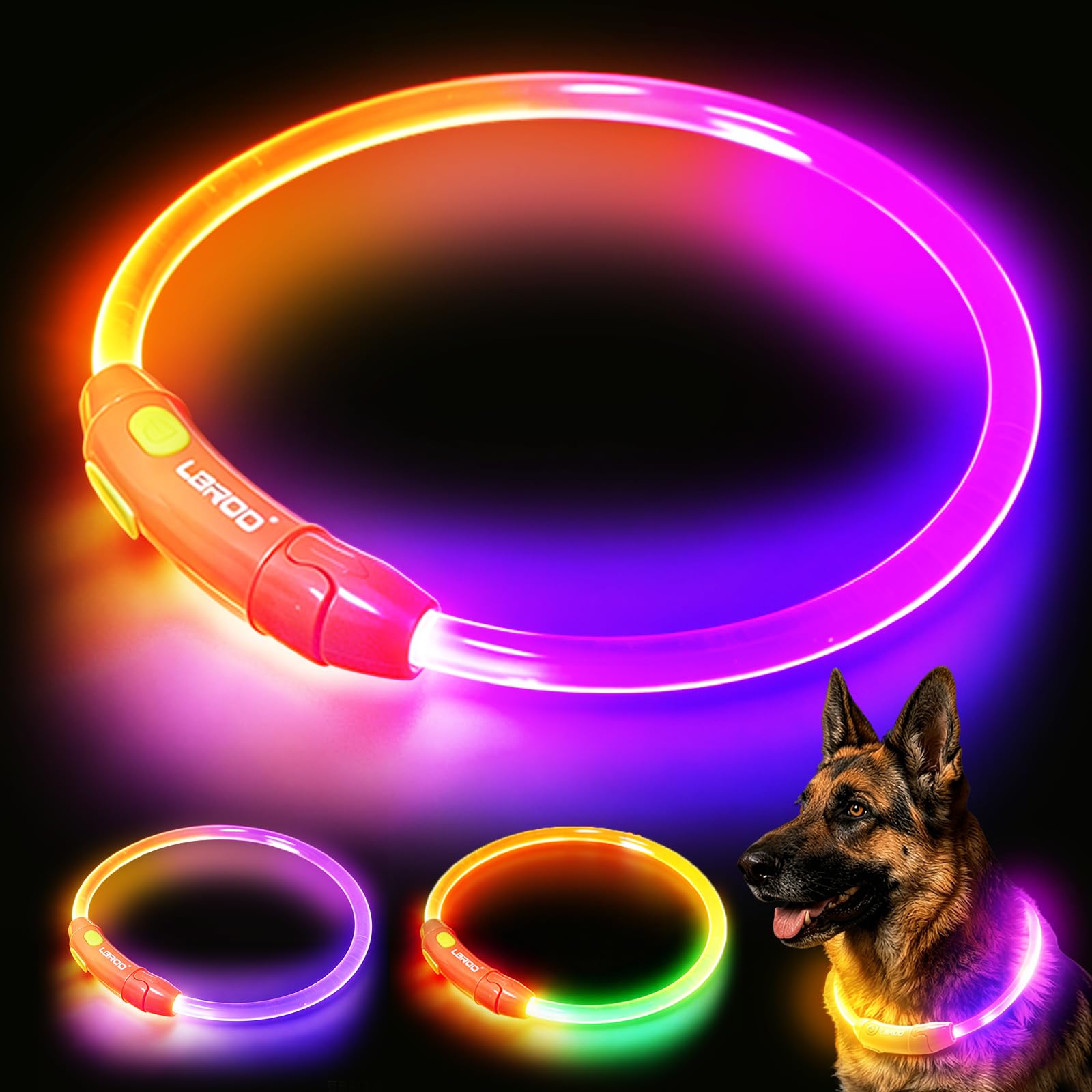 LaRoo LED Light Up Dog Collar, Rechargeable 2 Colors Changing Flashing Pet Safety High Visibility Glow Collar for Night Walking, Adjustable for All Dogs, Orangeblue