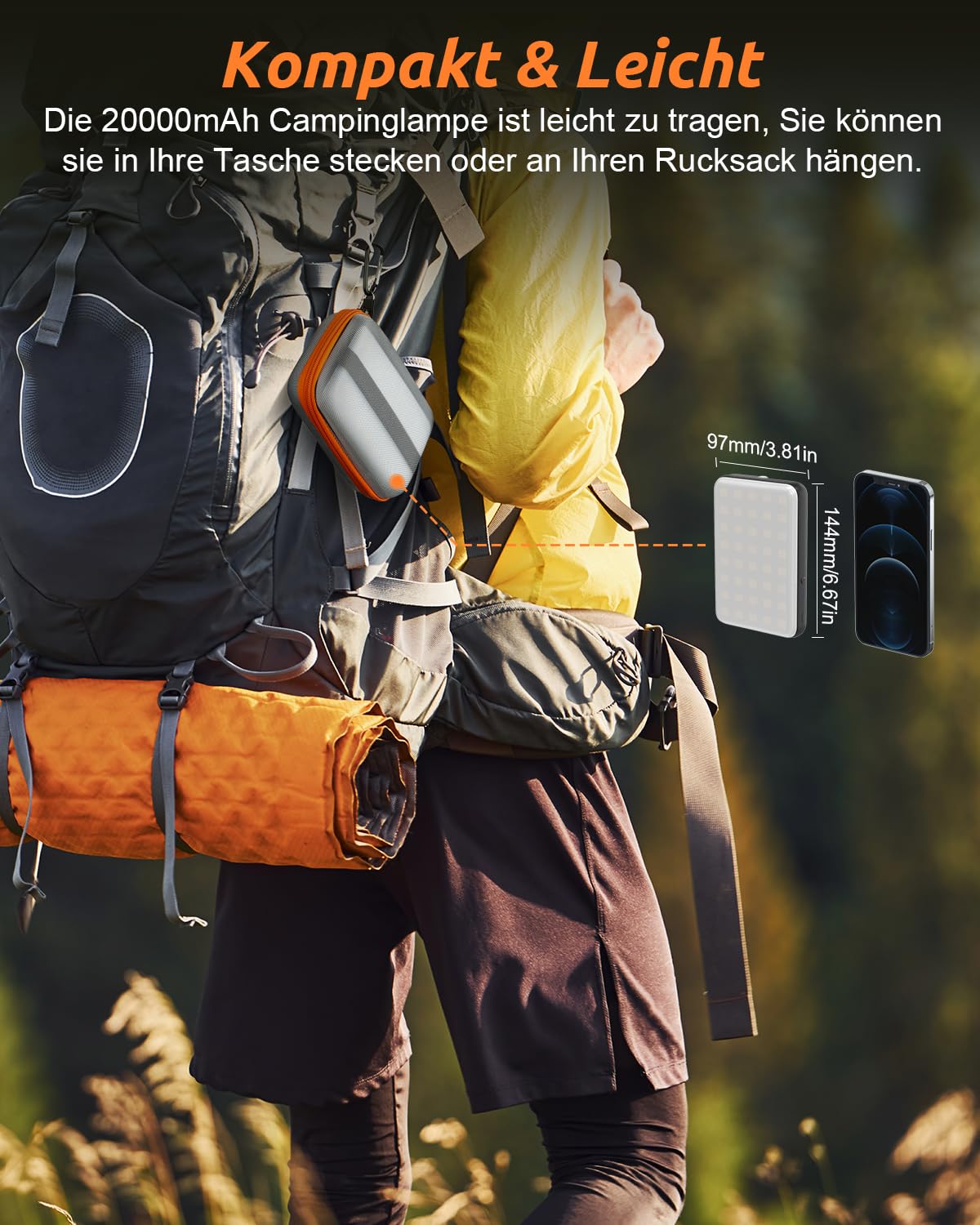 Eventek LED Campinglampe 4000LM【LUMEN Safe+】20000mAh Powerbank aufladbar, IPX5 wasserdichte Zeltlampe dimmbar, Notfallleuchte für Stromausfall, Werkstatt & Angeln, inkl. Tasche
