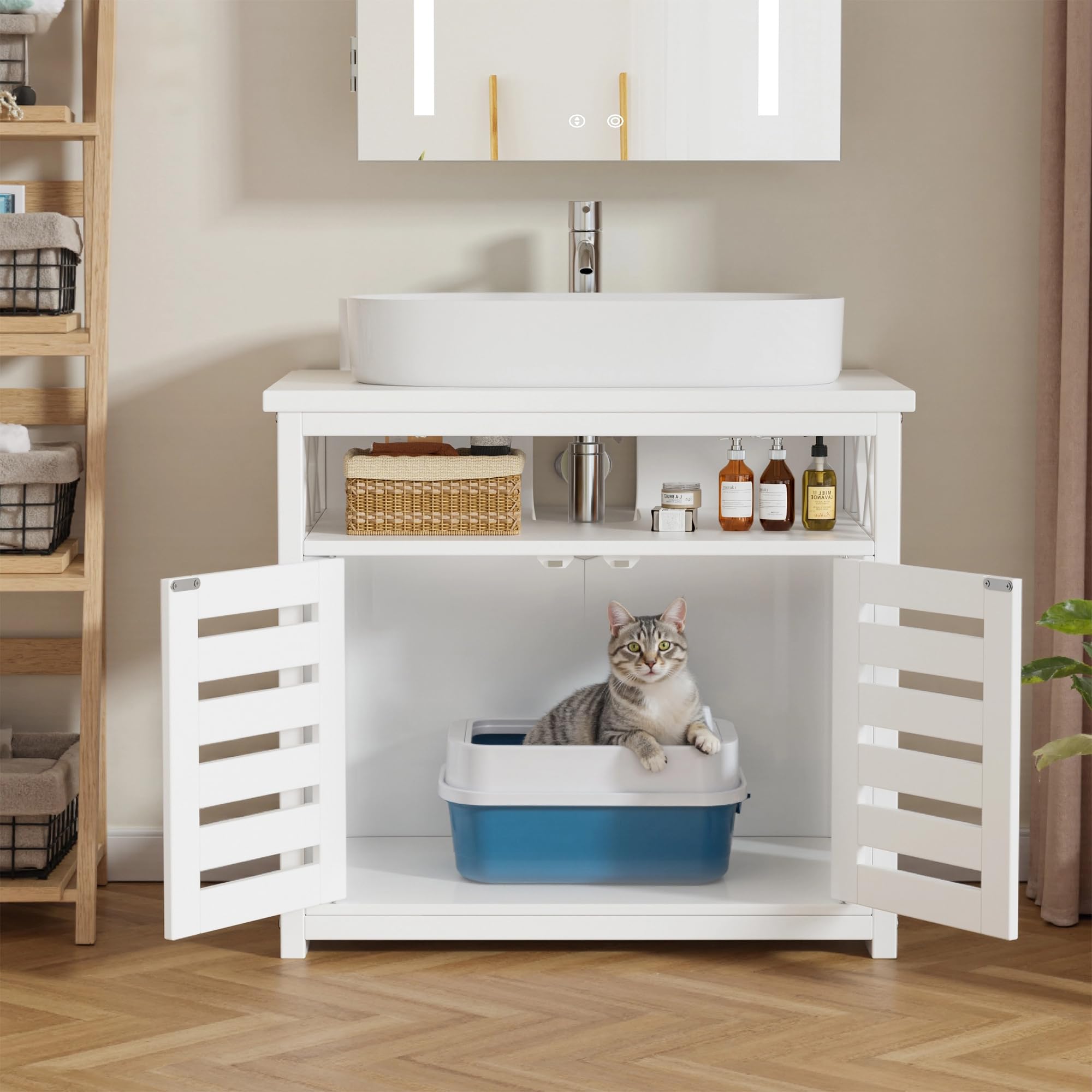 2 in 1 Casa di toilette per gatti e mobili sotto lavabo, mobile per animali persiani, armadio per lettiera per gatti con 2 porte, mobili per lettiera, 65 x 45 x 60 cm,lavello in ceramica non incluso