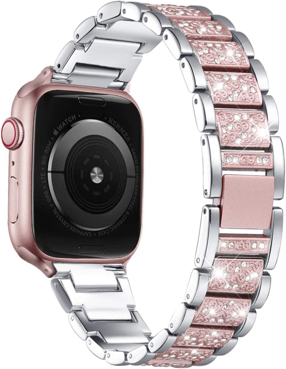 Mtozon Bling Bands Compatible with Apple Watch Band 41mm/40mm/38mm Iwatch Series 8/7/6/5/4/3/2/1, Women Metal Rhinestone Dressy Replacement Wristband, Silver with Rose Gold