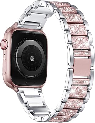 Mtozon Bling Bands Compatible with Apple Watch Band 45mm/44mm/42mm Iwatch Series 8/7/6/5/4/3/2/1, Women Metal Rhinestone Dressy Replacement Wristband, Silver with Rose Gold