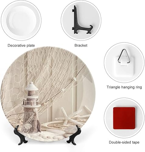 Miniatura 3 de XISUNYA Plato decorativo de 10 pulgadas, artesanía de cerámica náutica, barco de vela marina, salvavidas con diseño de estrellas de mar, faro,