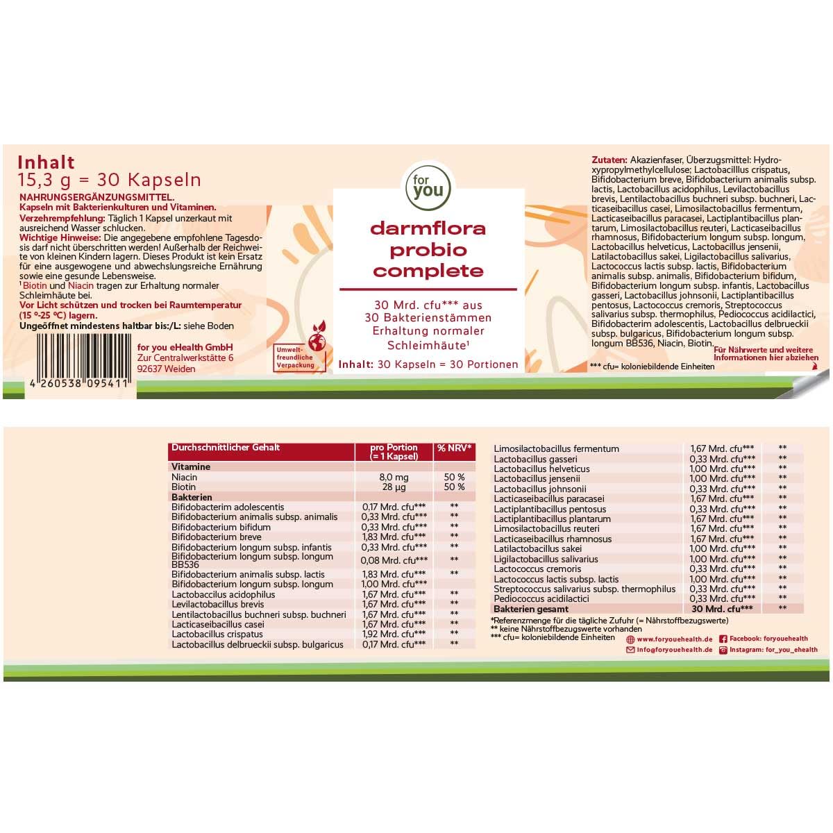 for you darmflora probio complete 30 Kapseln - Multispezies Probiotika mit 30 Bakterienstämmen & 30 Mrd. lebenden Bakterien - Magensaftresistent & mit Akazienfasern - Mit Biotin & Niacin