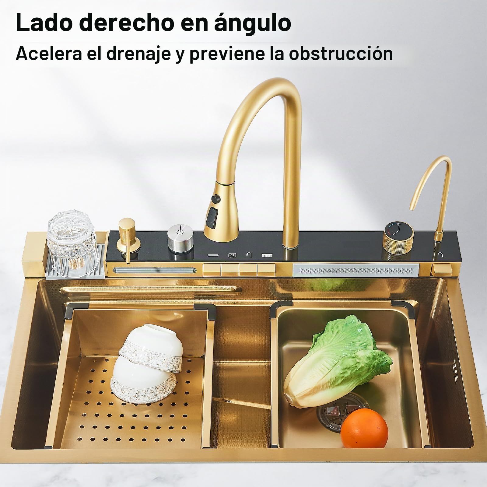 Fregadero de Cocina Multifuncional de Oro Cepillado con Grifo Extraible y Accesorios, Fregadero de Cocina de Acero Inoxidable con Pantalla Digital (75 cm X 45 cm)