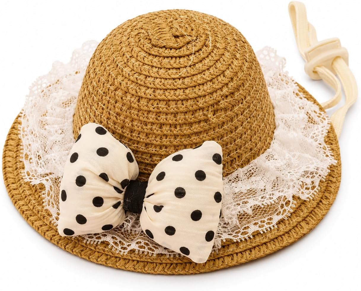 Dog Straw Sun Hat for Small Breeds — Woven Brim with Lace Trim and Fabric Bow, Adjustable Chin Strap (White Dot, Medium)