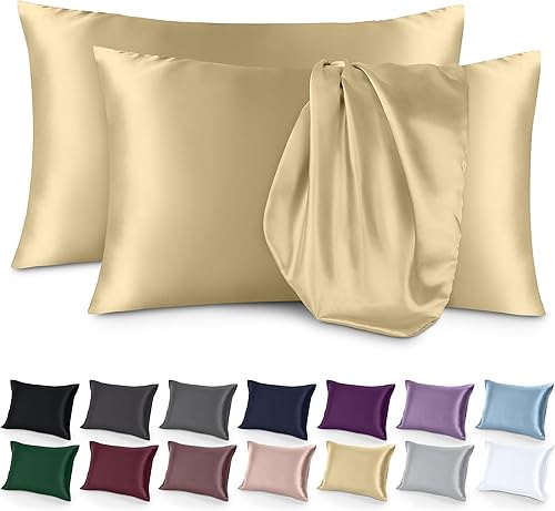 Bare Home Fundas de almohada de satén para cabello y piel, paquete de 2 unidades estándar (20 x 26), fundas de almohada de lujo, cierre de sobre,