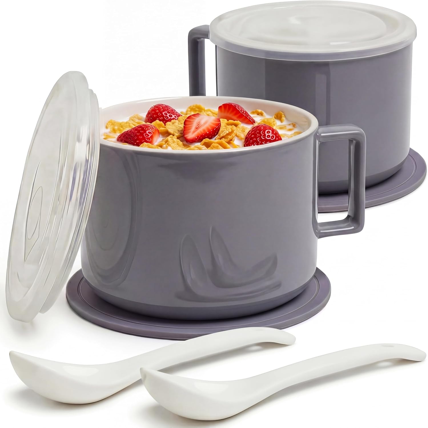 Ceramic Soup Bowls with Handles & Lids, 30oz Soup Mug Set, Microwave & Dishwasher Safe Ramen Bowls for Soup, Cereal & Oatmeal, with Spoon & Trivet, Set of 2, Green