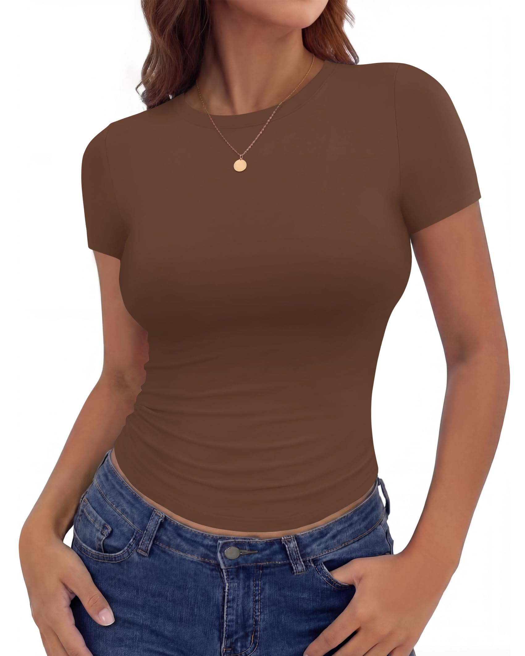 TNNZEET Tshirt Damen Basic Rundhals Eng Y2K Tops T Shirt Damen Sommer Oberteile Stretch Casual Mode Outfit