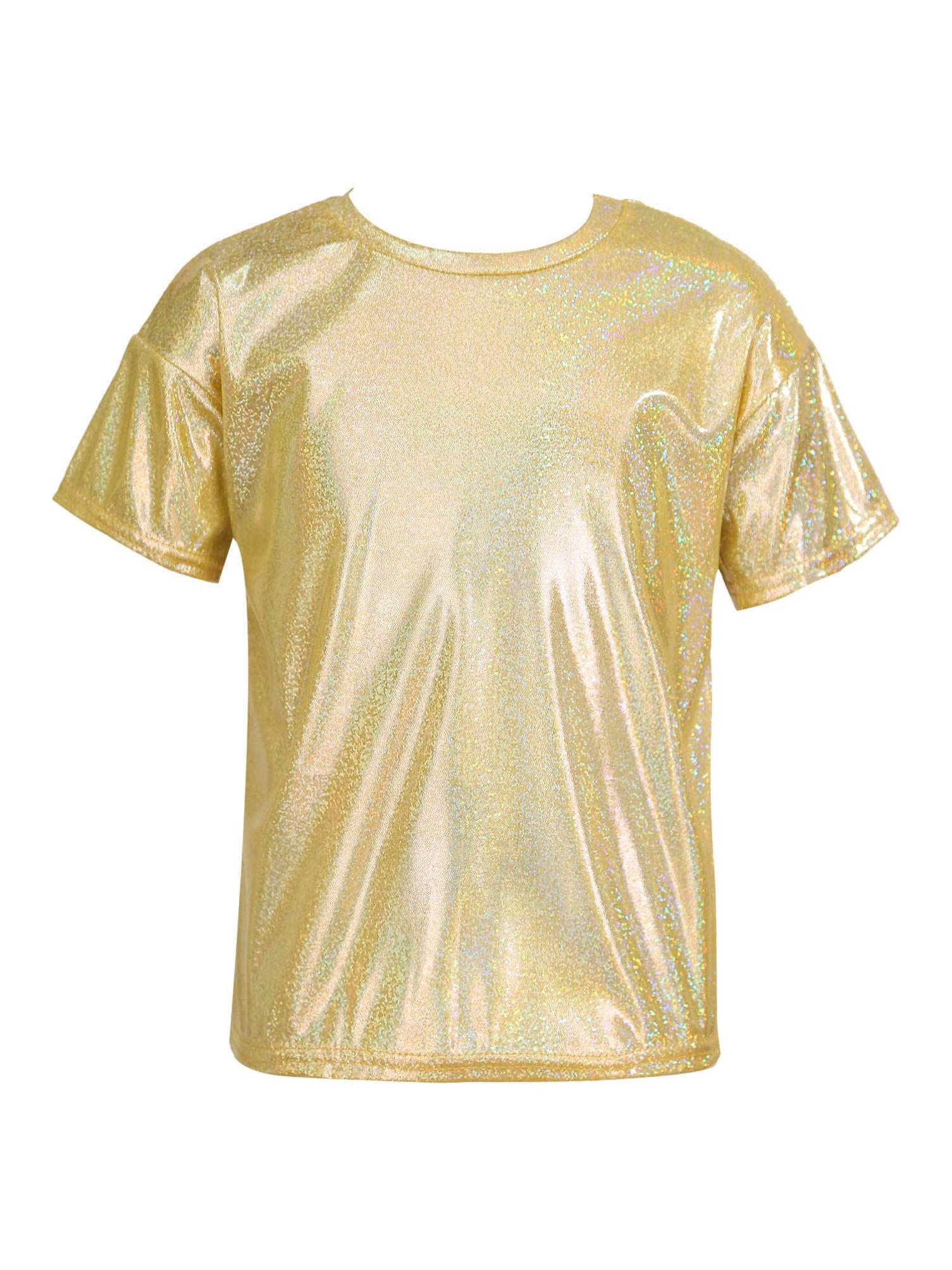 Aislor Girls Boys Shiny Metallic Modern Dance Jazz Top Short Sleeve Shirt Athletic T-Shirt Performance Blouse Dancewear