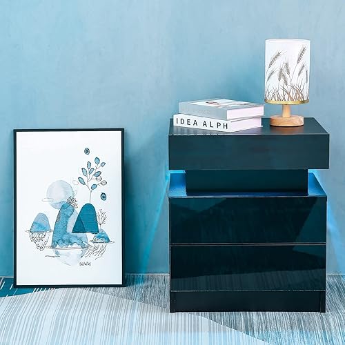 Miniatura 7 de Juego de 2 mesitas de noche LED con tapa abatible y cajones, mesitas de noche negras con luces LED multicolor y 2 cajones de alto brillo, moderna