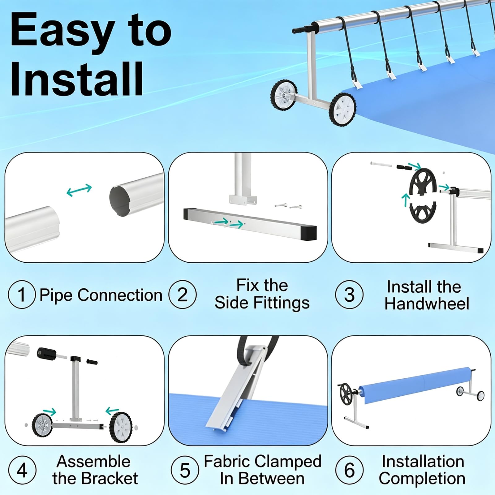 Pool Aufroller 3 m - 5,7 m Verstellbar, Aufrollsystem für Poolplane aus Aluminium Edelstahl mit Handkurbel & Rädern, Aufrollvorrichtung für Solarplanen & Abdeckungen & Poolüberdachung