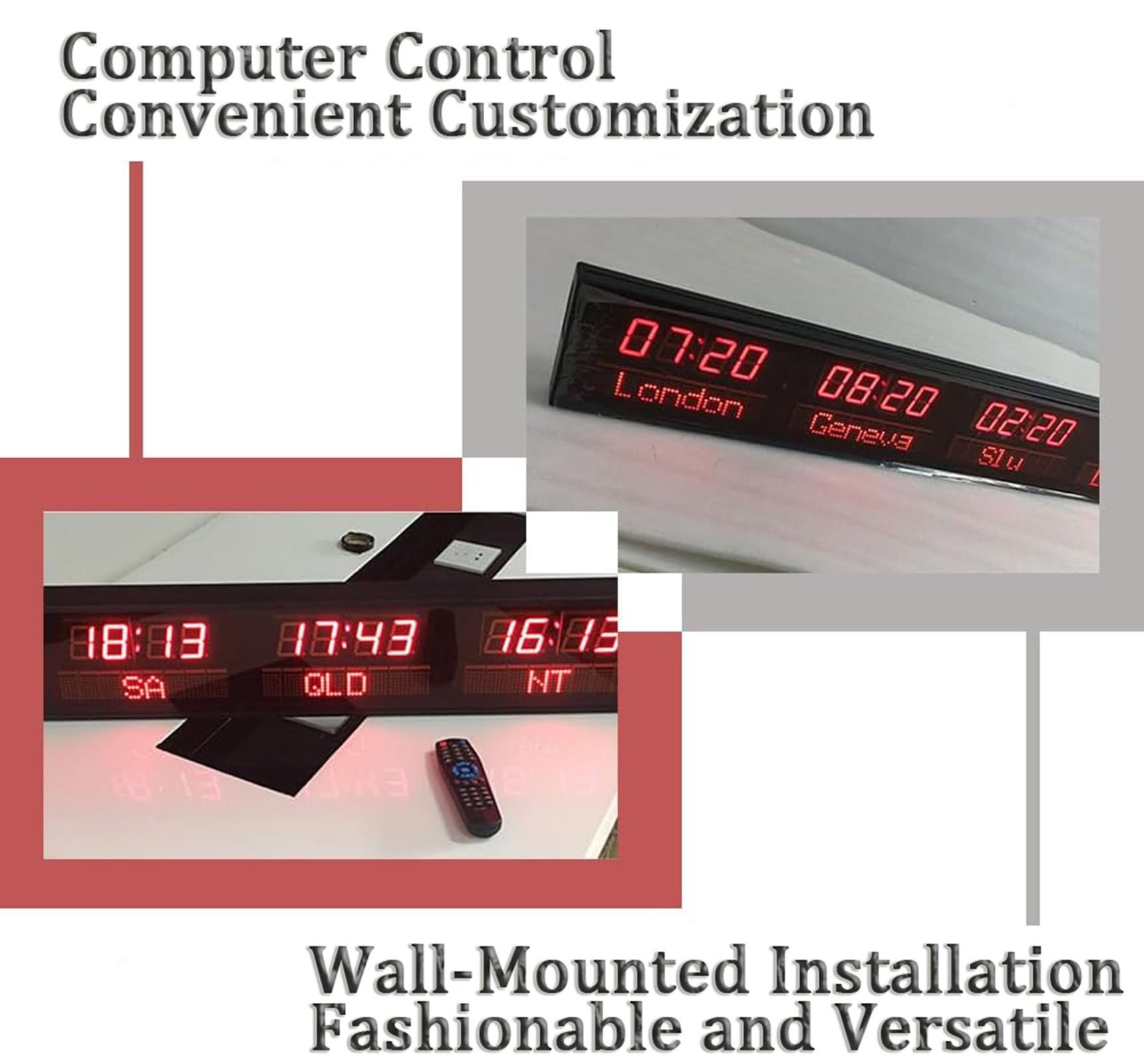 Orologio digitale multi fuso orario con telecomando, display per ufficio, hotel, aeroporto, sala conferenze, nome 4 città, utile per imprese multinazionali