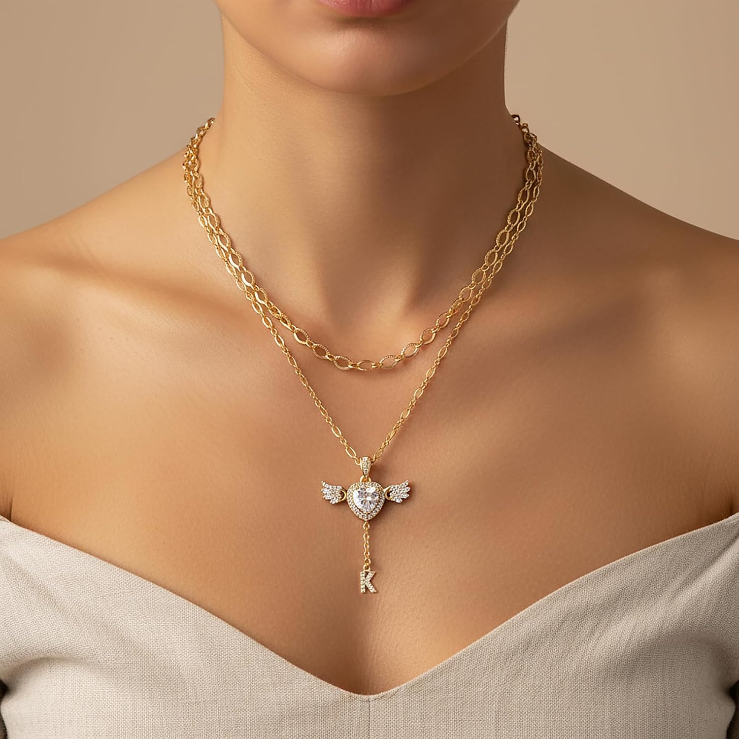 Angel Heart Initial Necklaces for Women,14K Gold Plated Cubic Zirconia Love Letter Necklace with Movable Wings Dainty Layered Custom Name Pendant Personalized Chain Stackable Jewelry Gift - Image 2