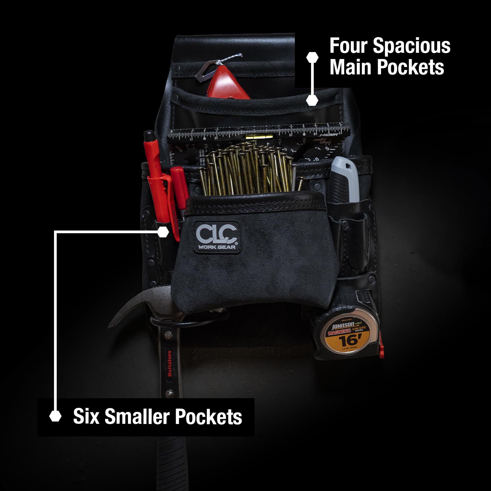 CLC Work Gear 55423 Heavy-Duty Leder Schreiner Nagel- und Werkzeugtasche - Werkzeugtasche mit 10 Fächern mit Hammerschlaufe und Tapeclip