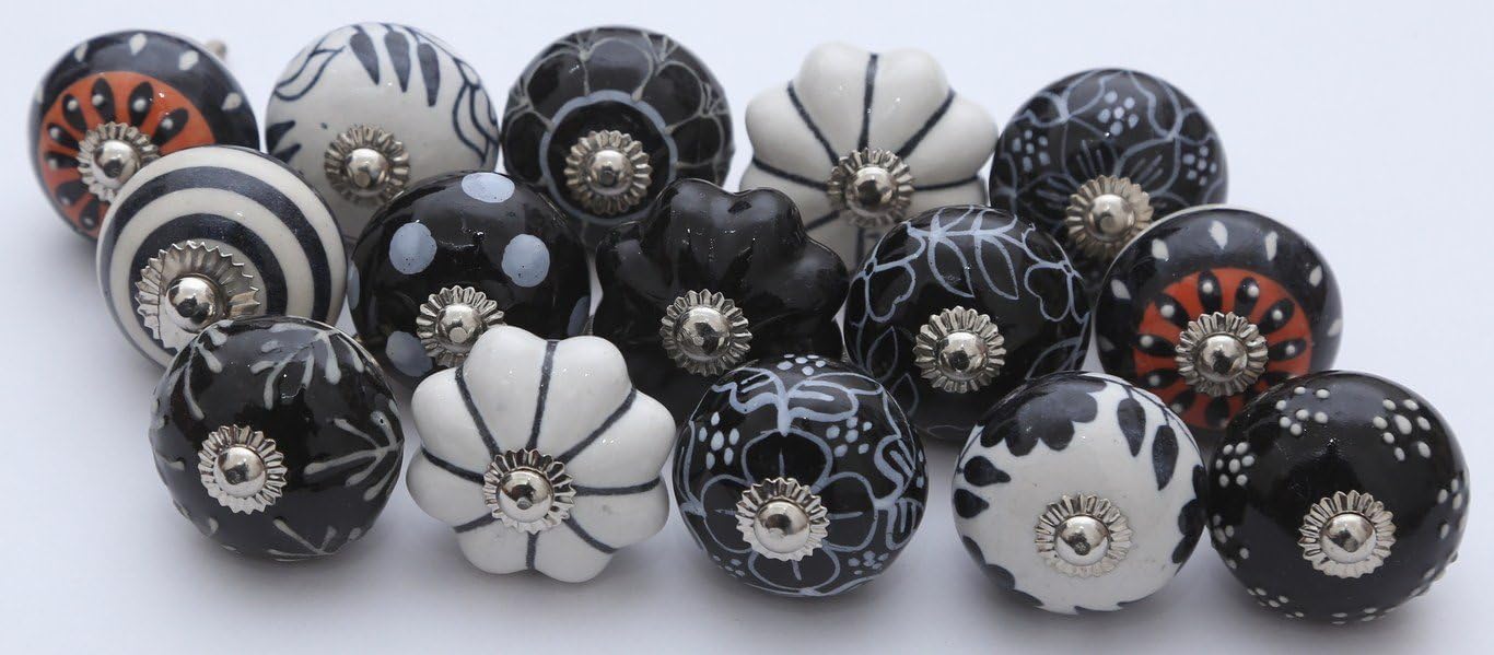 14 Black and White Ceramic Knobs Handpainted Ceramic Door Knobs Kitchen Cabinet Drawer Puller Pulls Furniture Cabinet Knobs