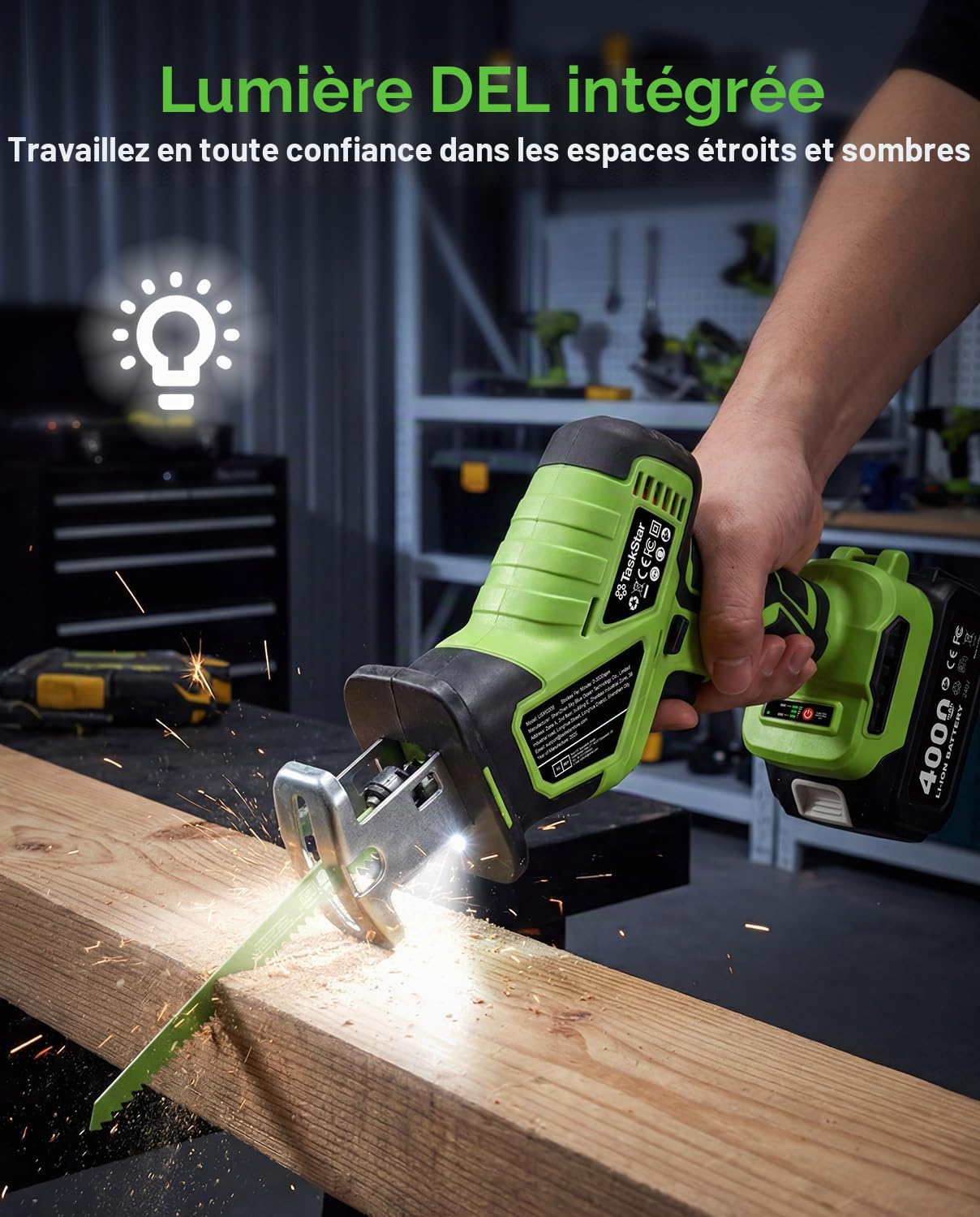 TaskStar Scie Sabre Sans Fil, 3500 SPM Moteur Brushless Scie Sabre à Batterie, 2 batteries de 4,0 Ah, 8 lames à changement rapide, éclairage LED, idéal pour la découpe du bois, du PVC et du métal