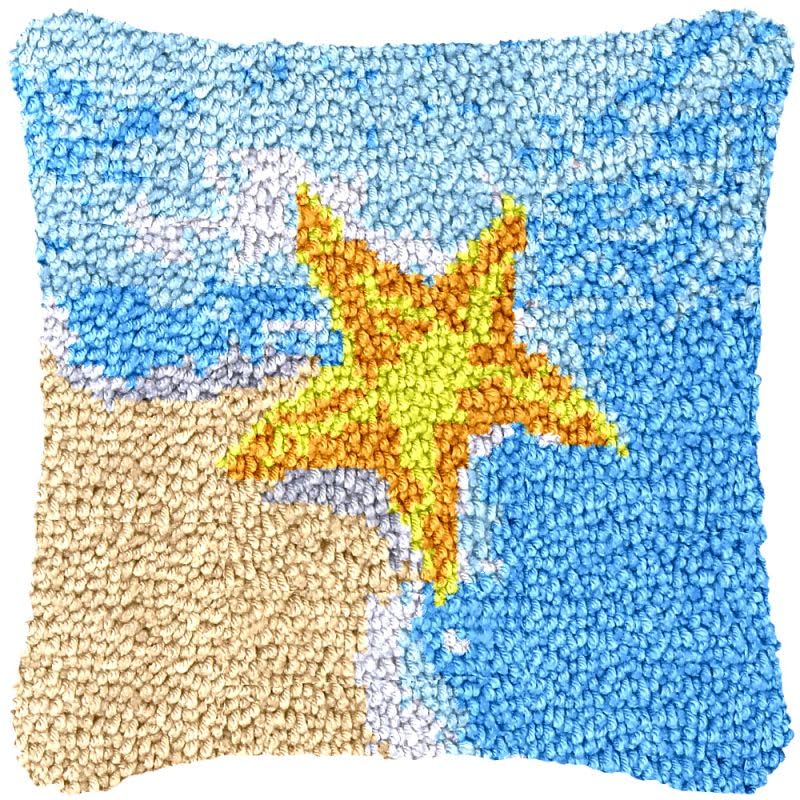 Beginner Latch Hook Kits Ocean Beach Starfish Set Sofa Cushion Cover Latch Hook Carpet Rug Acrylic Yarn,Pillowcase Craft Kits with Printed Canvas for Beginners Kids Adults - 17 x 17 Inch